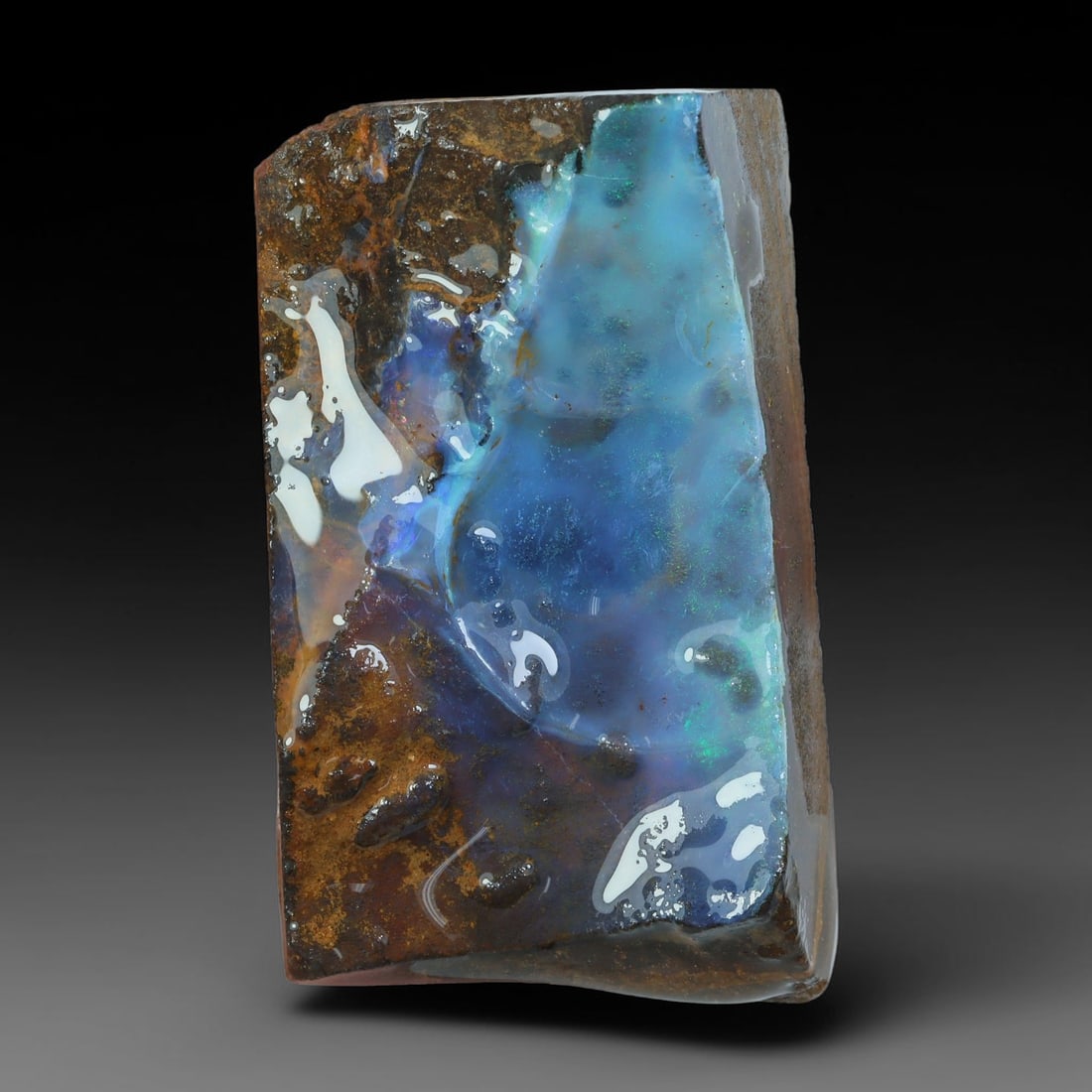 73.77ct Natural Australian Queensland Boulder Opal Sliced Slab Cutting Rough, 87YL: Natural sliced slab rough of Queensland boulder opal cutting grade, featuring rich color ironstone matrix with patterns. The face clearly reveals extensive opal veining and pocket formations running t