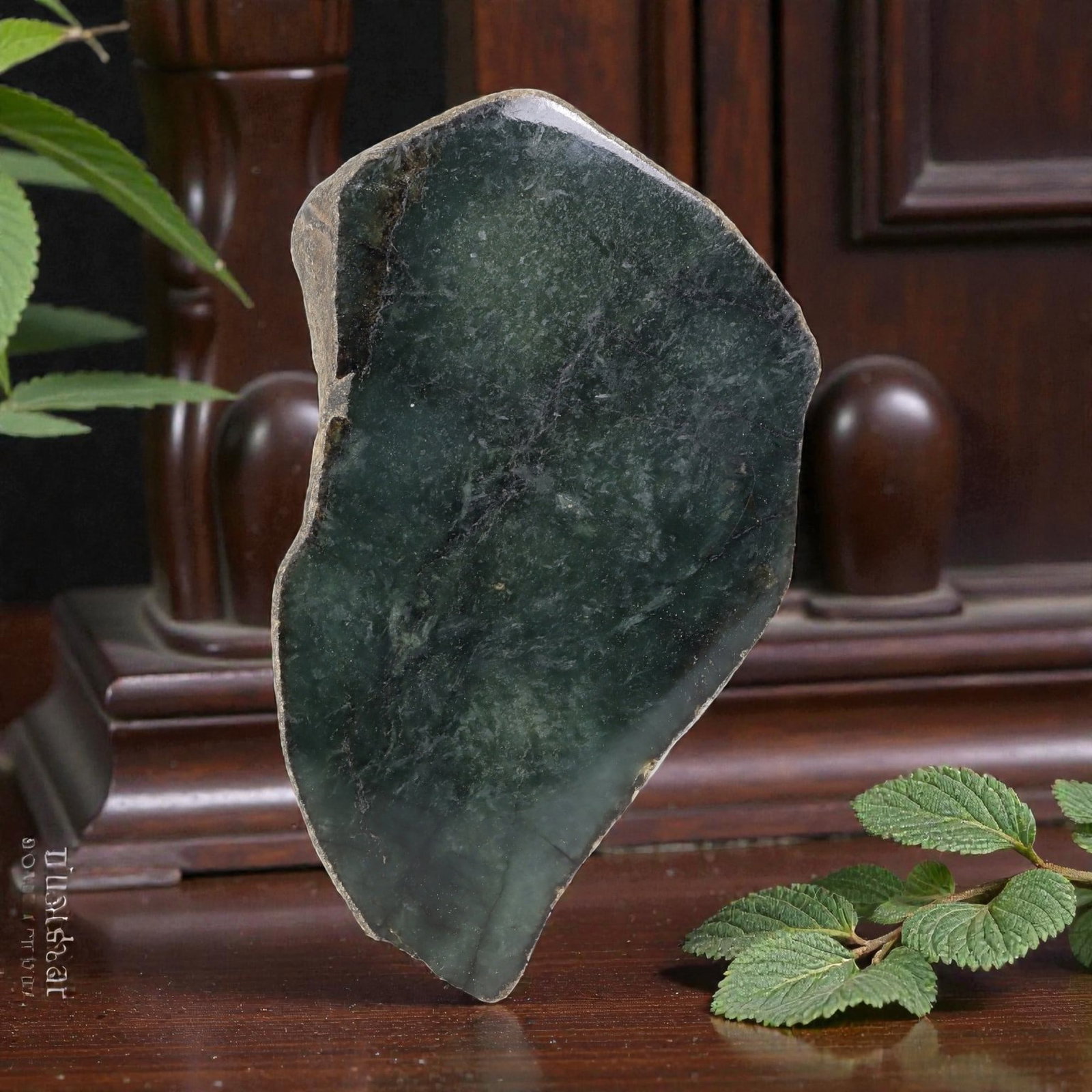 1025ct Natural Burmese Dark Green Ice Jadeite Jade Rough Slab, 86EA: This is a natural Type A Burmese jadeite jade rough slab, measuring 11x6.4cm and weighing 205g (1025ct). It features a rare, highly translucent deep green ice jadeite body, revealing subtle natural in