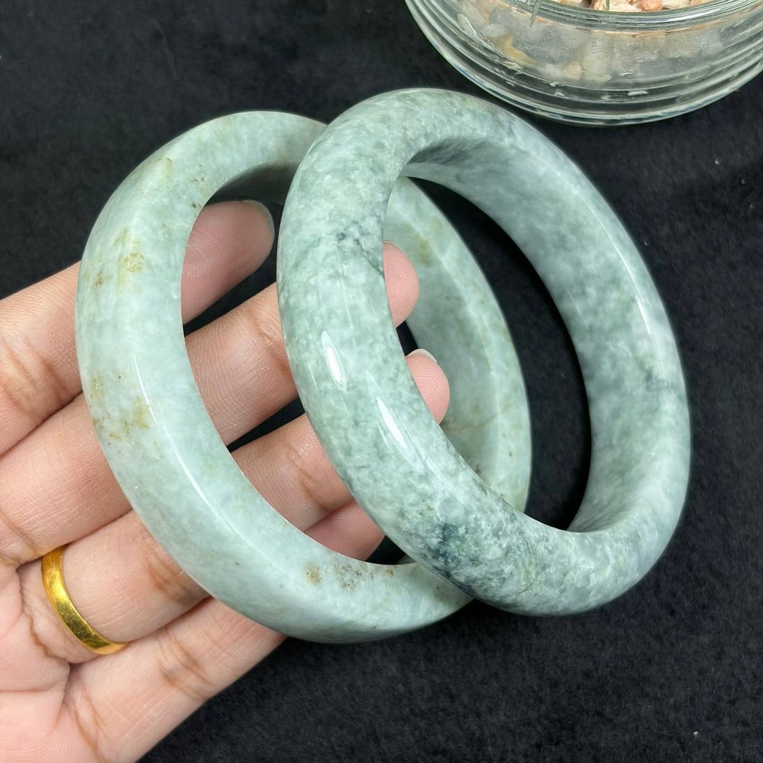 Lot of 2 Natural Burmese Type A Moss Green Jadeite Bangles, 56.1mm & 56.7mm, 40AV: Set of 2 solid wide polished bangles made of genuine untreated Natural Burmese Type A jadeite jade. The two bracelets feature inner diameters of 56.1mm and 56.7mm, offering two close wrist size option