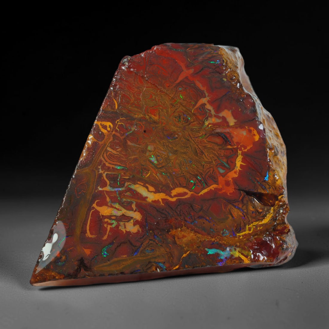 62.10ct Natural Australian Queensland Boulder Opal Sliced Slab Cutting Rough, 85AV: Natural sliced slab rough of Queensland boulder opal cutting grade, featuring rich color ironstone matrix with patterns. The face clearly reveals extensive opal veining and pocket formations running t