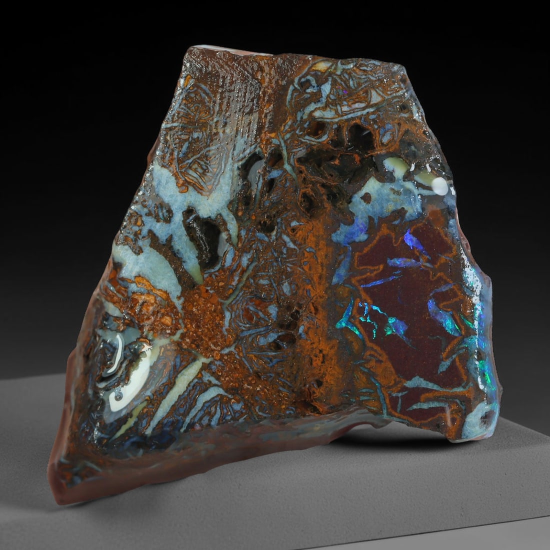40.47ct Natural Australian Queensland Boulder Opal Sliced Slab Cutting Rough, 67AX: Natural sliced slab rough of Queensland boulder opal cutting grade, featuring rich color ironstone matrix with patterns. The face clearly reveals extensive opal veining and pocket formations running t