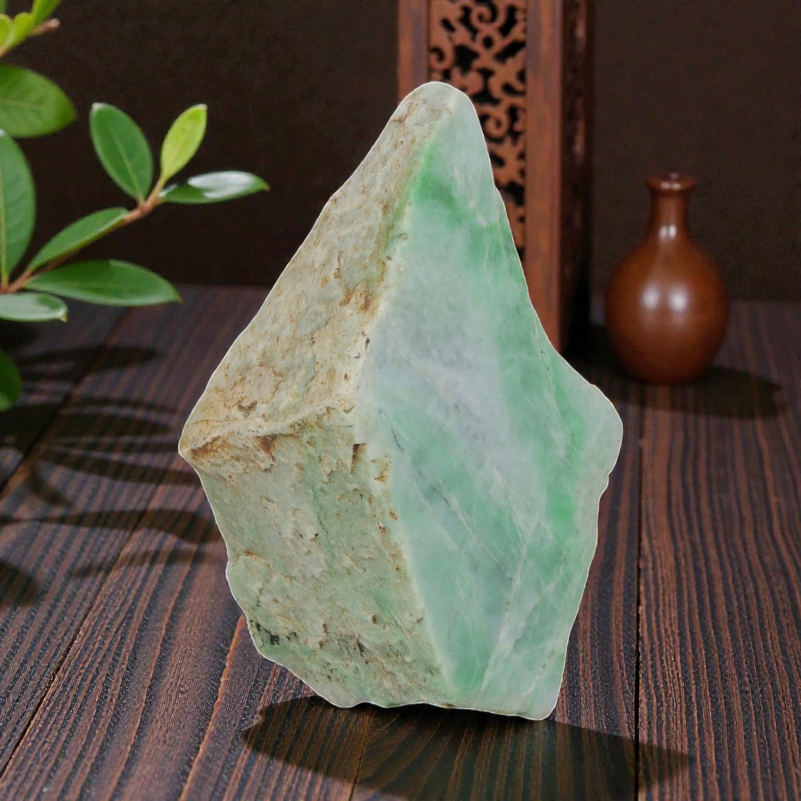 995ct Natural Burmese Light Green Jadeite Jade Rough Stone, 85EA: This is a natural Type A Burmese jadeite jade rough stone, measuring 8.8x4.5cm and weighing 199g (995ct). It features a soft light green body with subtle variations, partially framed by the natural we