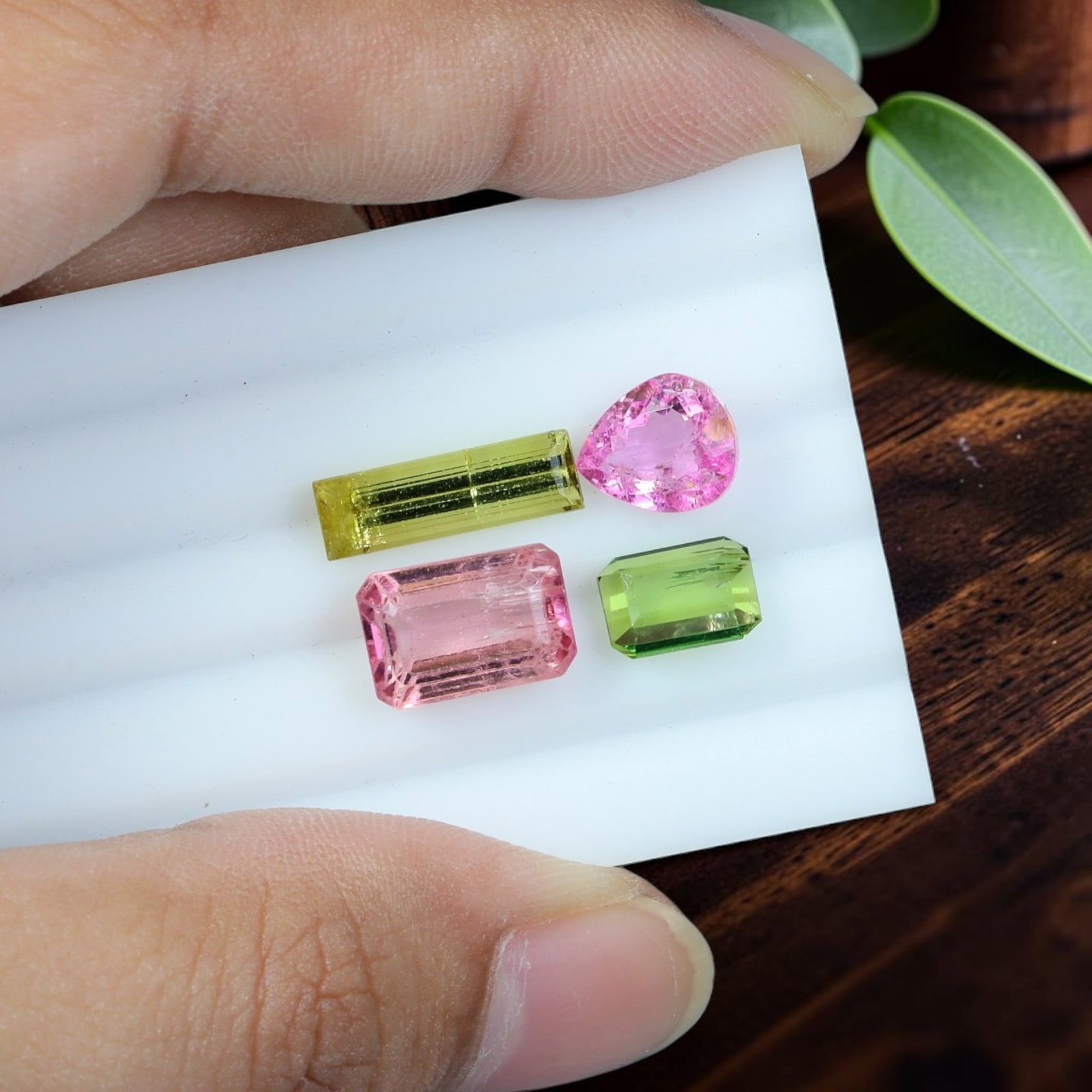 7.71 Carats Mixed Cut Natural Multicolor Tourmaline Faceted Parcel, 95WC: This matched parcel features four precisely faceted natural tourmaline gemstones in vivid assorted tones, including bubblegum pink, lime green, and golden olive yellow shades characteristic of fine to