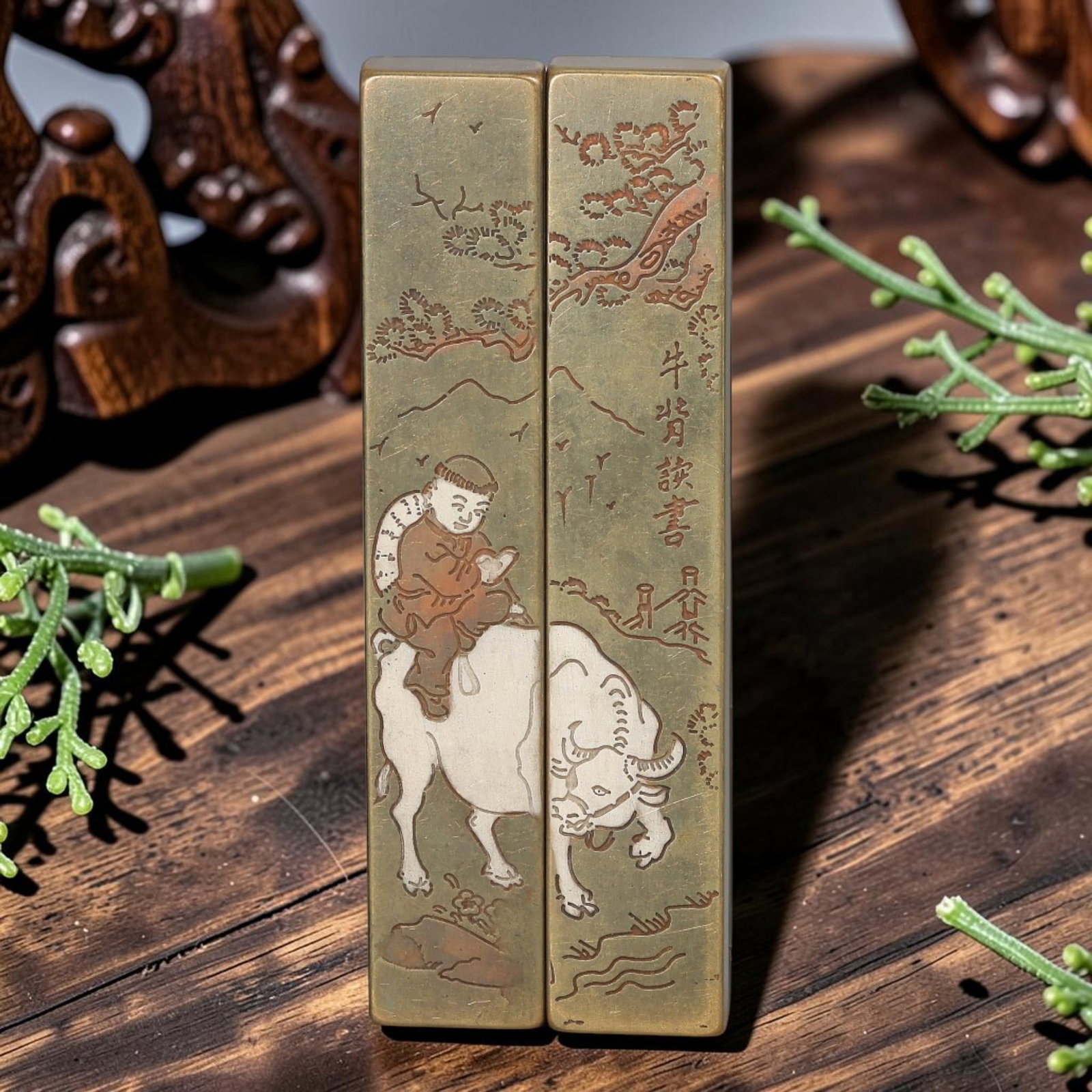 Vintage Brass Chinese Paper Weight Set - Buffalo Scholar Scene Desk Tools, 67AS: This matching pair of solid rectangular brass paper press bars serves as traditional Chinese scholar stationery, positioned on either side of calligraphy and painting paper to secure sheets during bru