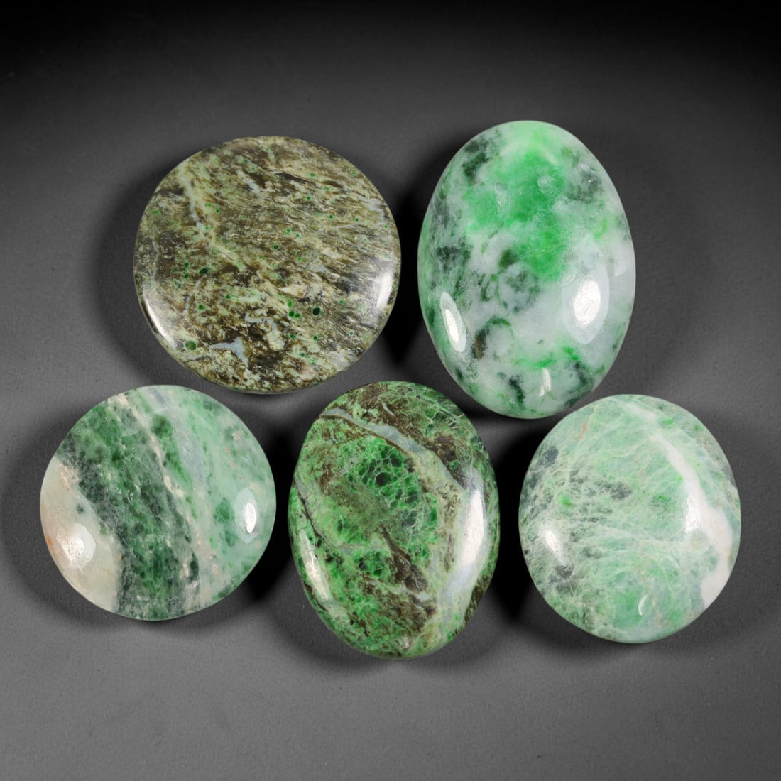 Lot of 5pcs 130ct Natural Burmese Type A Landscape Jadeite Jade Cabochons, 58AV: This bulk lot contains 5 fully untreated natural Burmese Type A jadeite jade cabochons with varied rounded and oval silhouettes, the largest measuring 29x21mm, total combined weight 130ct. Each stone 