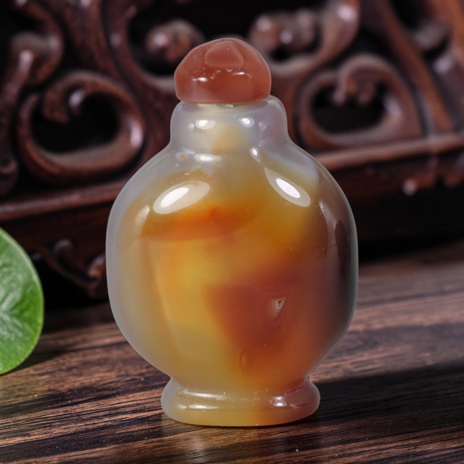 Natural Mongolian Agate Snuff Bottle - Amber Swirl Chalcedony Vessel, 95AR: This hand-carved snuff bottle is fashioned from natural Mongolian agate chalcedony, featuring a pale translucent milky base blended with sweeping natural amber and rust-toned mineral swirls concentrat