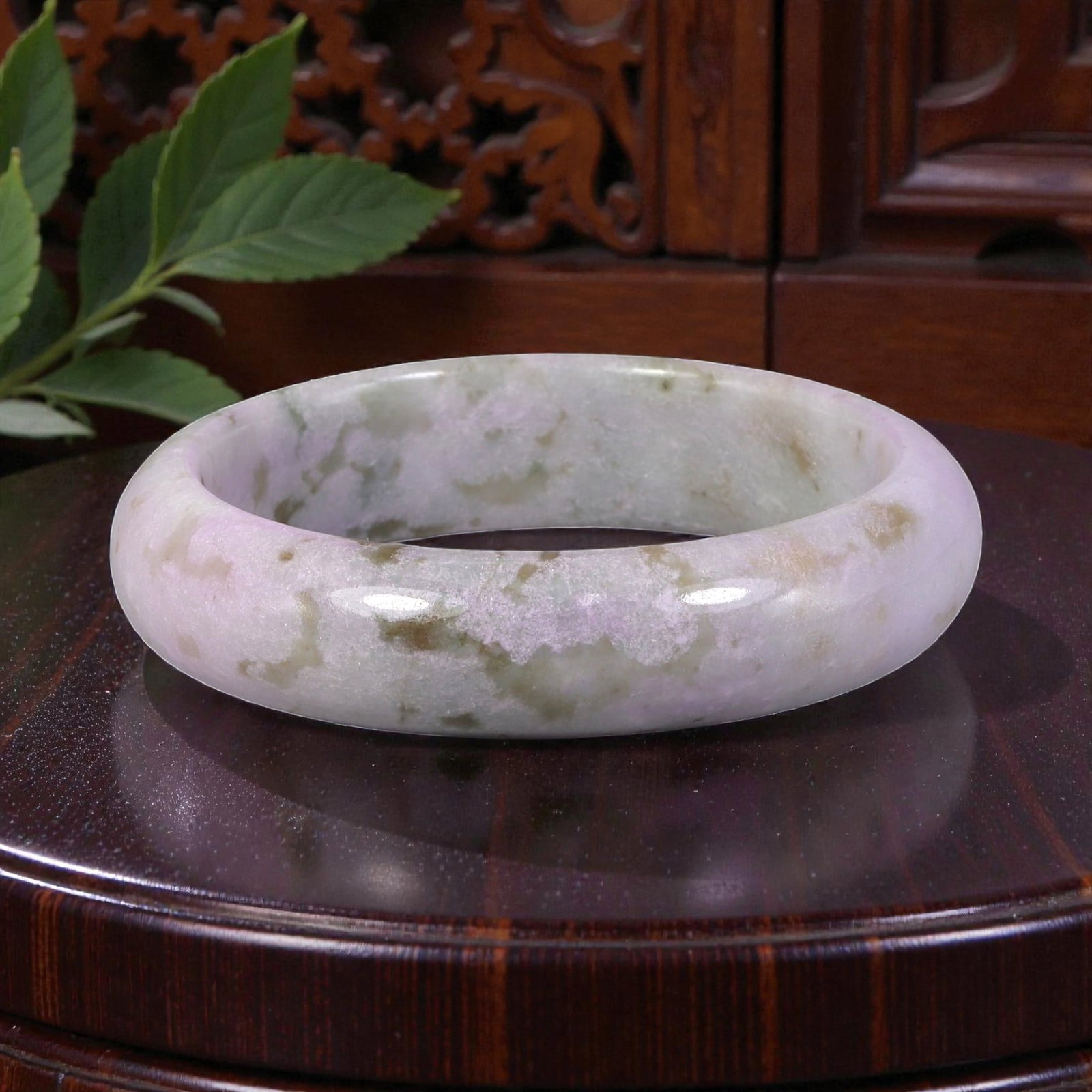 Natural Burmese Type A Lavender & Green Jadeite Bangle - Pastel Watercolor Bracelet, 88XE: This is a wide, solid bangle crafted from natural Burmese Type A jadeite, displaying a dreamy pastel palette of lavender and muted green, with soft watercolor-style patterning and subtle earthy flecks