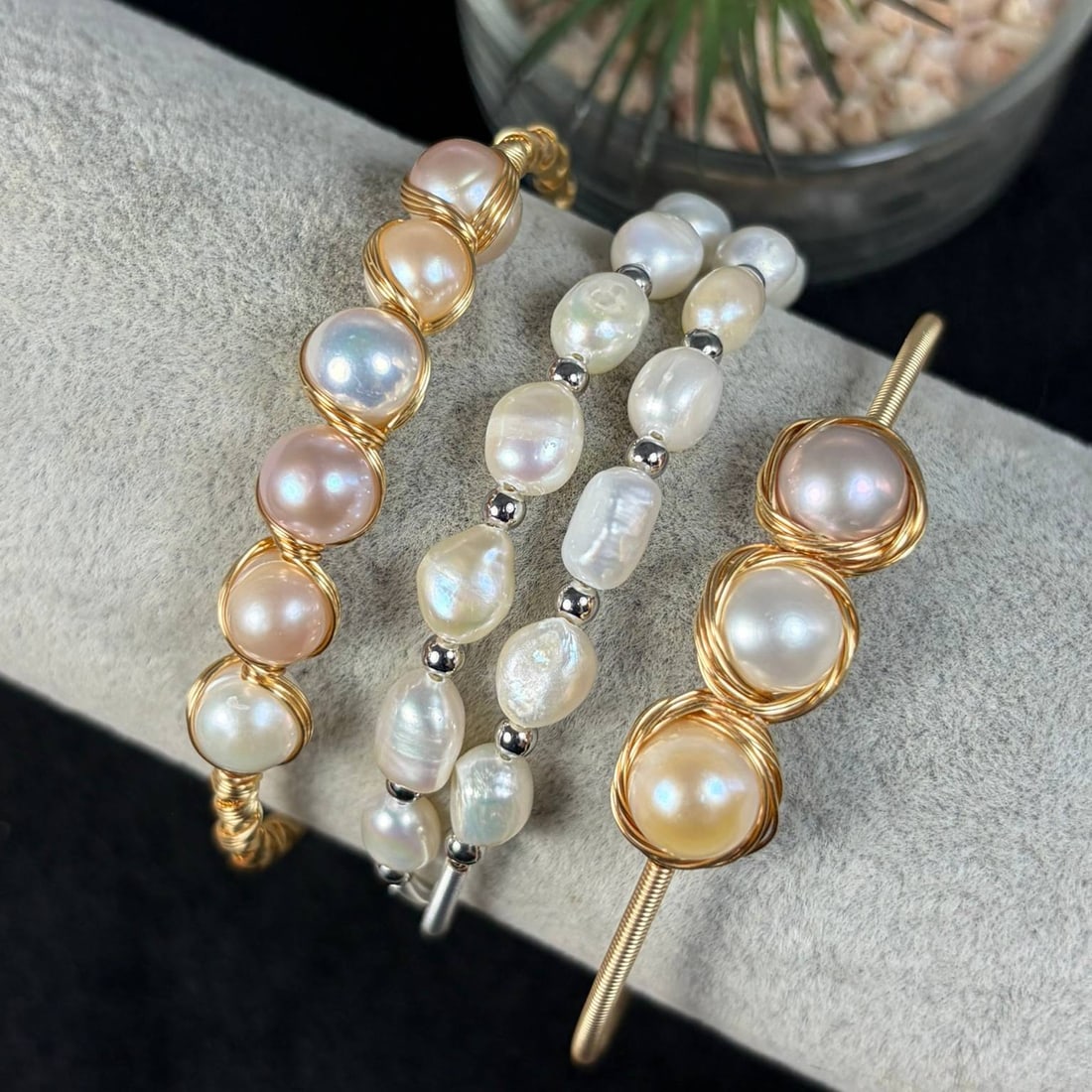 Lot of 3 Natural Multi-Tone Baroque Pearl Gold-Toned Wire Wrapped Open Cuff Bracelets Handmade, 6EB: Handmade set of 3 adjustable open cuff bangles constructed with gold-toned craft wire, featuring natural untreated baroque freshwater pearls in creamy white and soft champagne hues with distinct multi