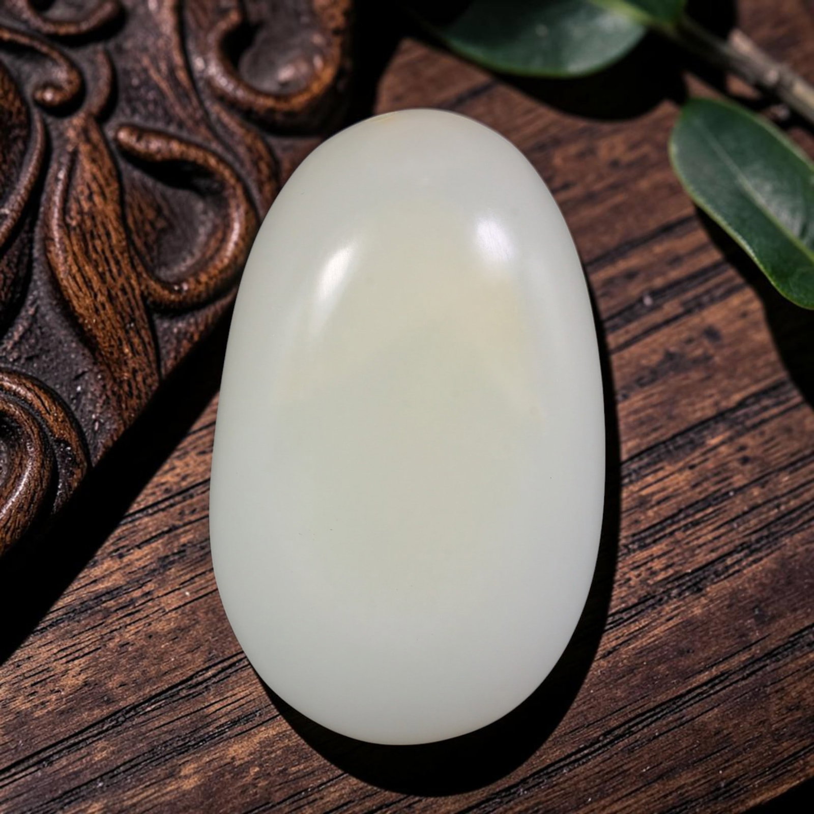 Vintage White Nephrite Jade Pebble - Chinese Wearable Pendant Stone, 64AS: Formed from natural polished white nephrite jade pebble stone, this oval tablet features smoothly rounded allover surfaces finished with soft hand buffing. A small suspension bore is neatly drilled th