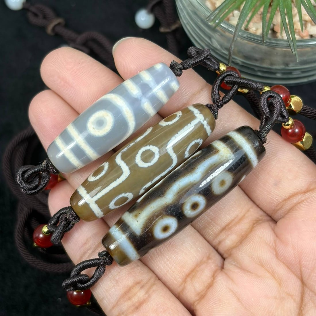 Set of 3 Chinese Agate Dzi Bead - Tibetan Pendant Necklace, 10YJ: This set contains three individual agate dzi bead pendants made into complete necklaces, each crafted from polished banded agate etched with traditional symbolic eye patterns following classic Tibetan