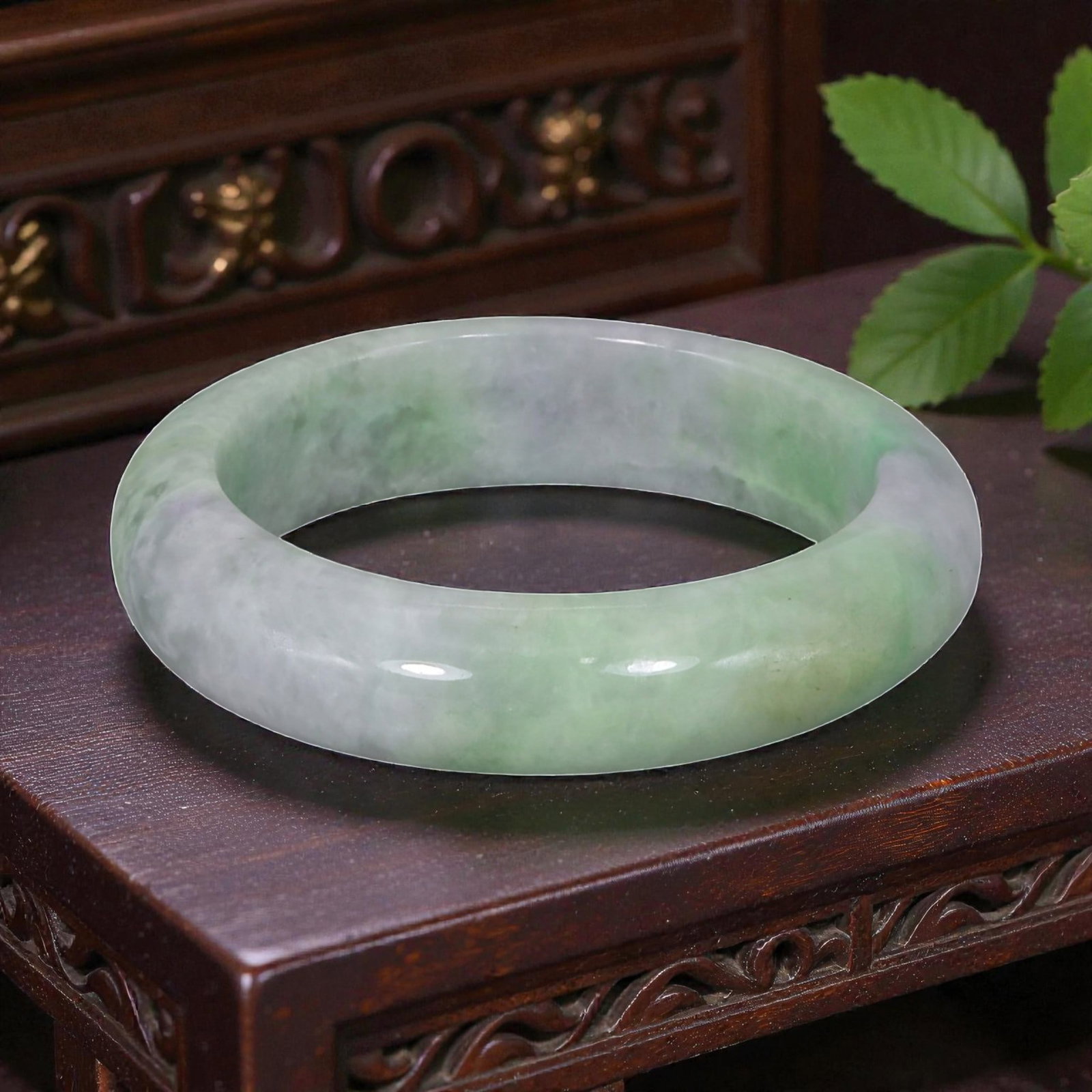 Natural Burmese Type A Green & White Jadeite Jade Bangle - Soft Moss in Snow Bracelet, 76YH: Crafted from natural Burmese Type A jadeite jade, this bangle showcases the classic "Moss in Snow" pattern, with soft, diffused green hues gently blending into a pale, milky white base. The stone is e