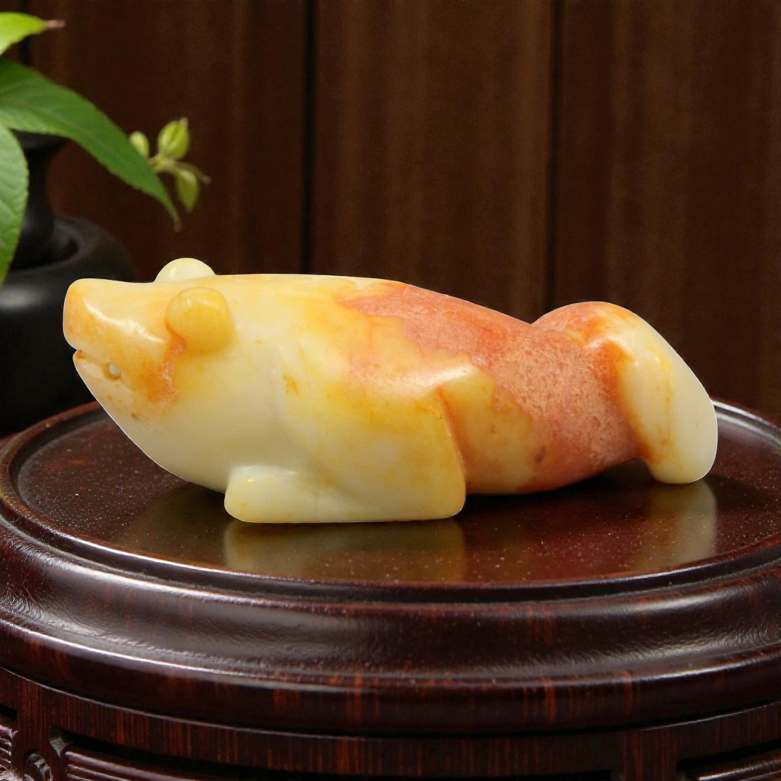 A Chinese Jade Frog Effigy, 20th Century, 41YC: The figure is carved from jade with creamy white coloration accented by areas of russet and ochre staining, the stone exhibiting natural mottling and translucency. It is worked as a recumbent frog sho
