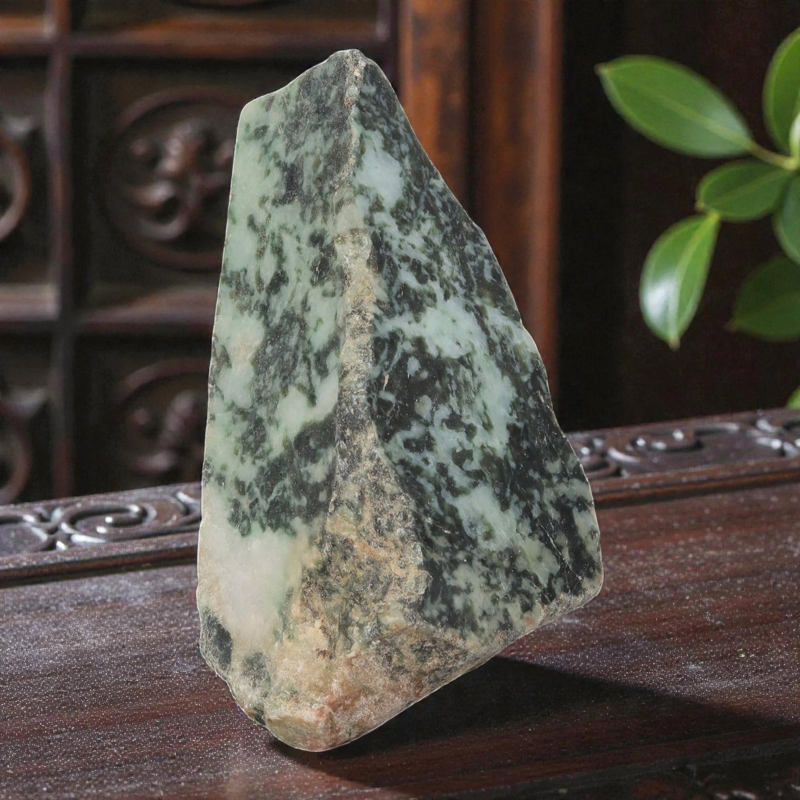 1810ct Natural Burmese Dark Green Patterned Jadeite Rough - Unpolished Organic Stone, 74EA: This is a natural Type A Burmese jadeite rough stone, measuring 10.5x6.5cm and weighing 1810ct. It features a striking variegated green pattern, with deep, forest-green and lighter sage-green formatio