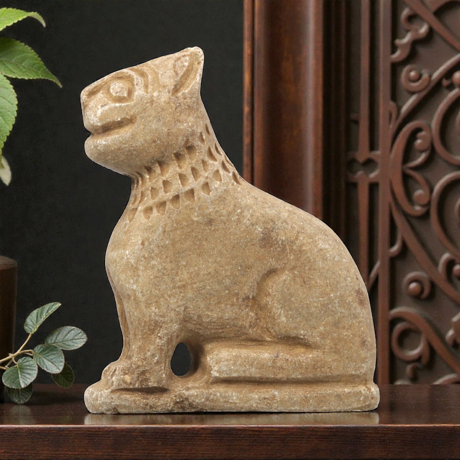 Near Eastern Steatite Plaque - Tribal Art Seated Feline Figurine, 29ZA: Carved from solid steatite, this Near Eastern tribal art piece is shaped as a stylized seated feline figurine, executed with detailed tribal craftsmanship. The feline is rendered in an upright, seated