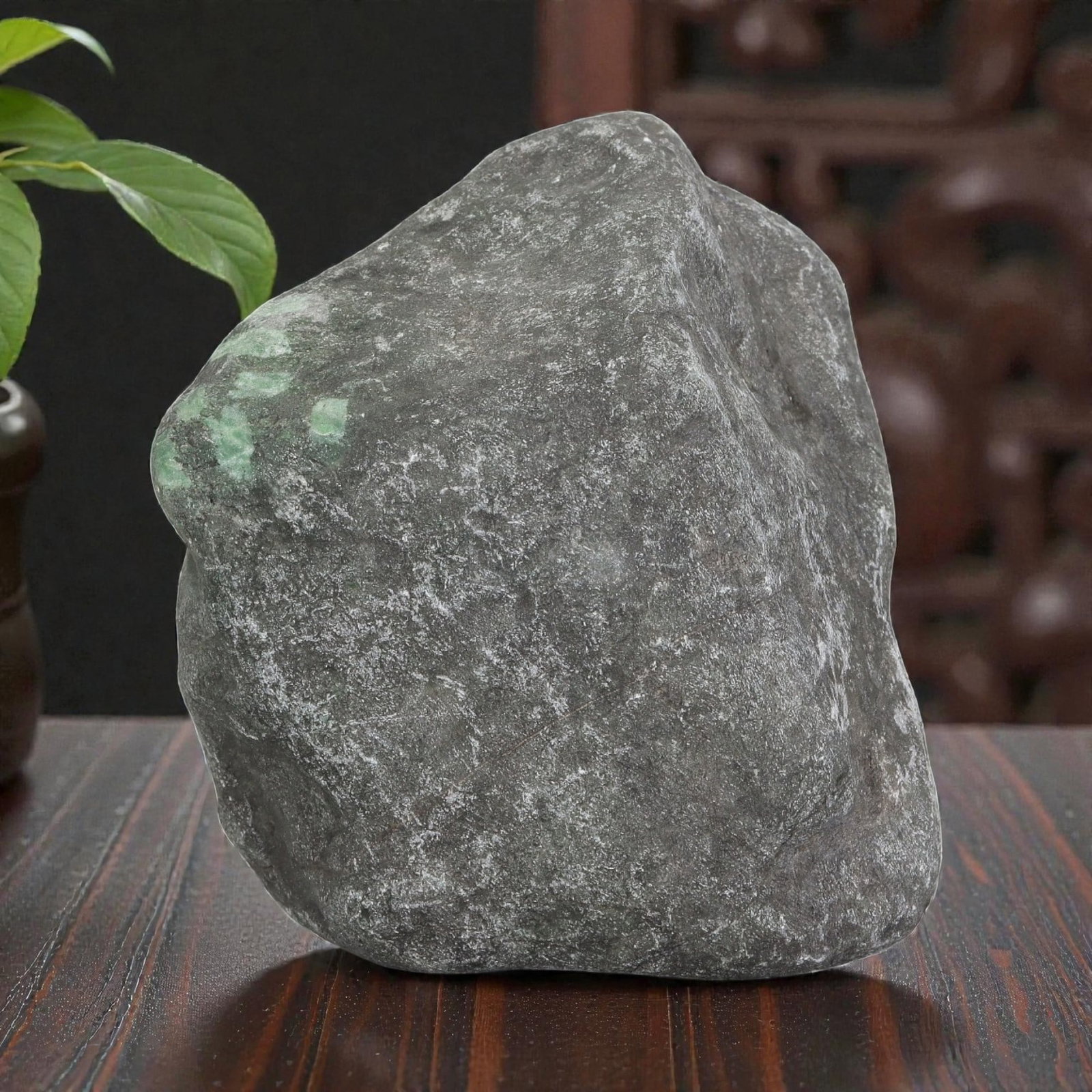 2310Ct Natural Type A Burmese Jadeite Jade Rough Stone - Green Raw Material, 26ZB: Natural Type A Burmese jadeite rough stone, with polished patches revealing vibrant light green mineral deposits visible through its thick, naturally weathered grey outer skin. The stone retains its u