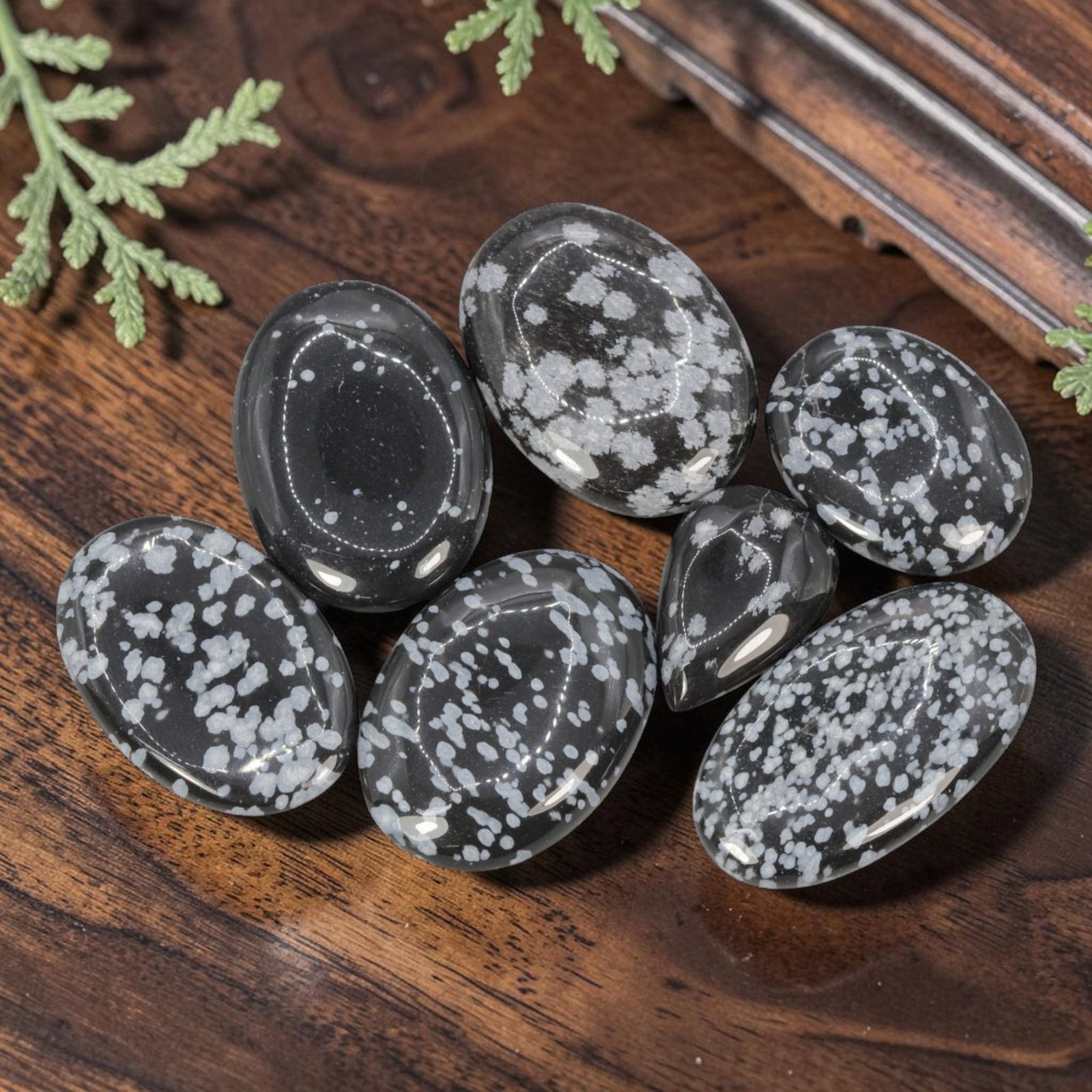 233.70 Carats Natural Snowflake Obsidian Mixed Shape Cabochon Lot, 74WC: Come take a look at this lovely lot of seven polished snowflake obsidian cabochons with that iconic speckled pattern everyone loves. These little beauties have a deep glossy jet-black base scattered w
