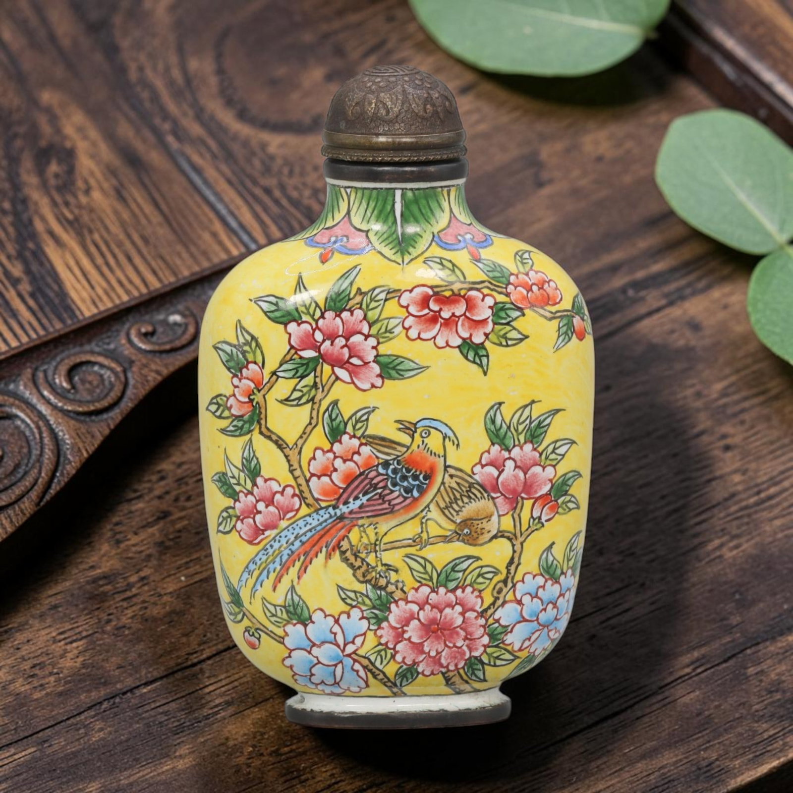 Vintage Chinese Yellow Ground Copper Enamel Snuff Bottle - Hand Painted Flower & Magpie Bird, 57YF: This elegant flattened rectangular snuff bottle is crafted from solid copper base coated with vibrant imperial yellow enamel ground, decorated all over with intricate hand-painted floral and magpie bi