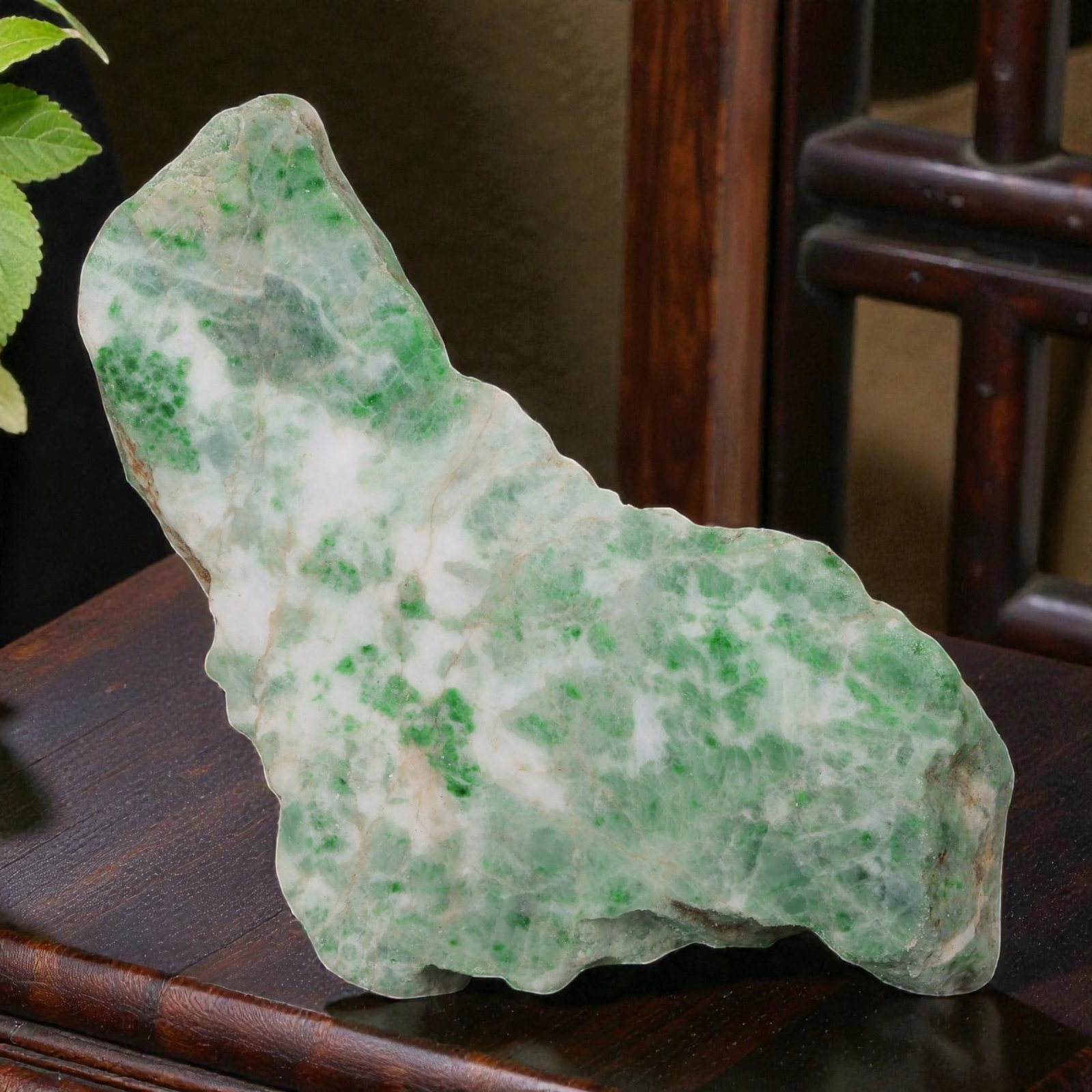745ct Natural Burmese Moss in Snow Jadeite Rough - Semi-Polished Green Slab, 67EA: This is a natural Type A Burmese jadeite rough slab, measuring 9.4x5.5cm and weighing 149g (745ct). It showcases the classic "Moss in Snow" pattern, with vivid, spotty green inclusions naturally scatt