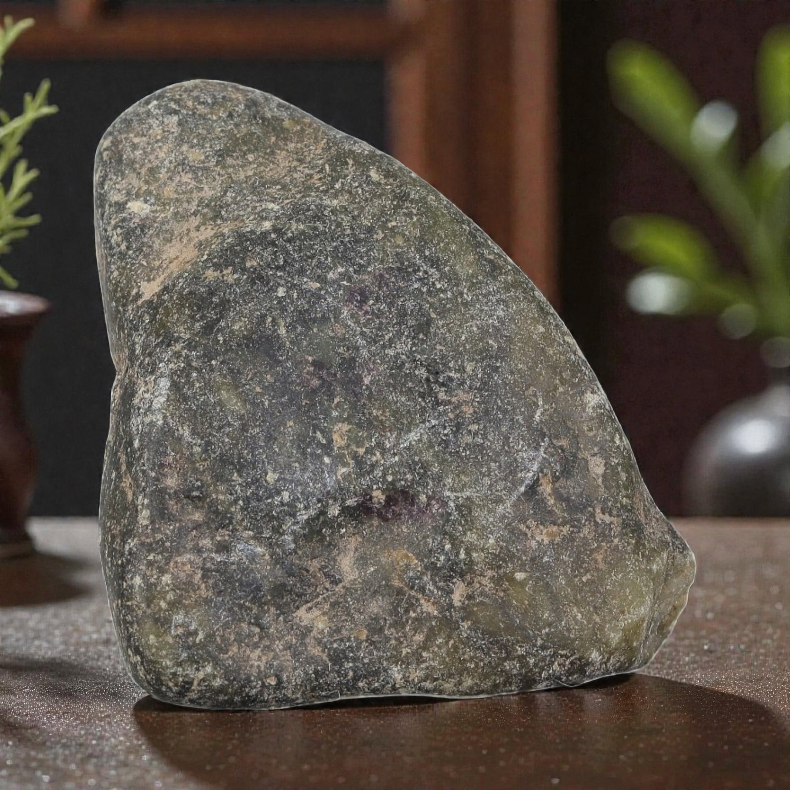 265ct Natural Burmese Dark Green Jadeite Jade Rough Stone, 78EA: This is a natural Type A Burmese jadeite jade rough stone, measuring 4.5x3.3cm and weighing 53g (265ct). It features a natural weathered outer skin with subtle hints of dark green jadeite visible, sho