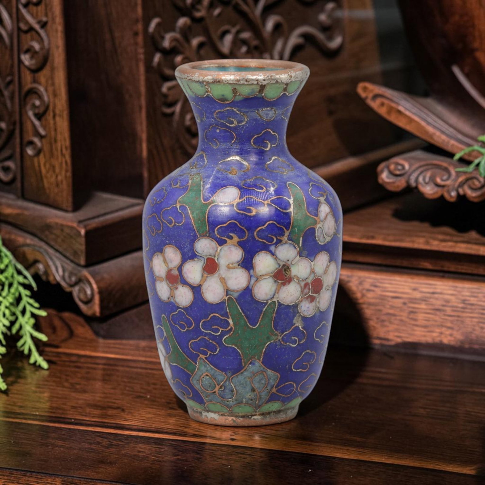 Vintage Chinese Copper Cloisonne Mini Vase - Floral Enamel Vessel, 22YF: Crafted from copper base metal with fine cloisonne wire filigree and hand-fired polychrome enamel glazes, this compact miniature vase showcases elegant traditional floral motifs across its exterior. D