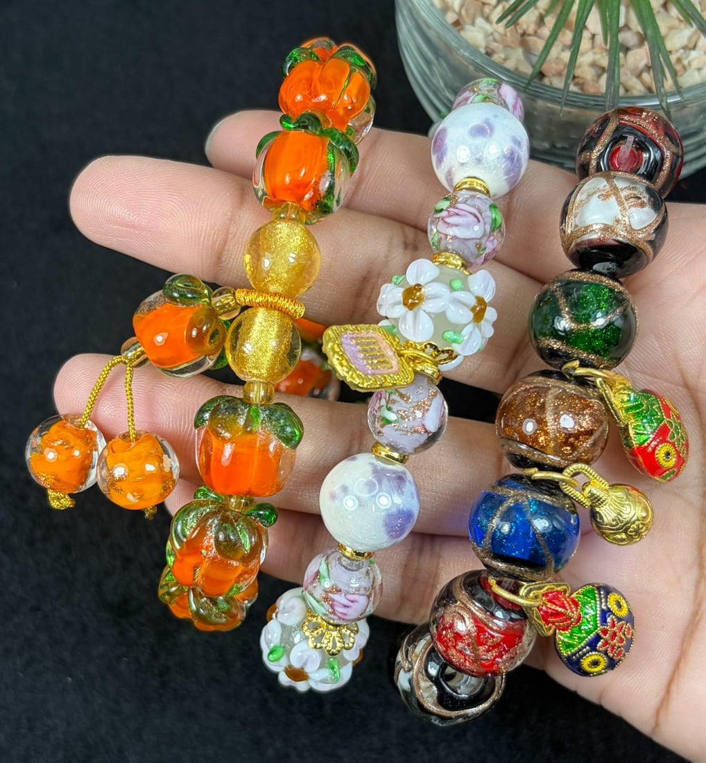 Lot of 3 Handmade Chinese Style Lampwork Glass Bead Charm Bracelets, 91AS: Set of 3 fully strung wearable glass bead bracelets crafted with traditional Chinese lampwork glass artistry. Each design features unique themed focal beads including 3D orange persimmon pumpkin glass