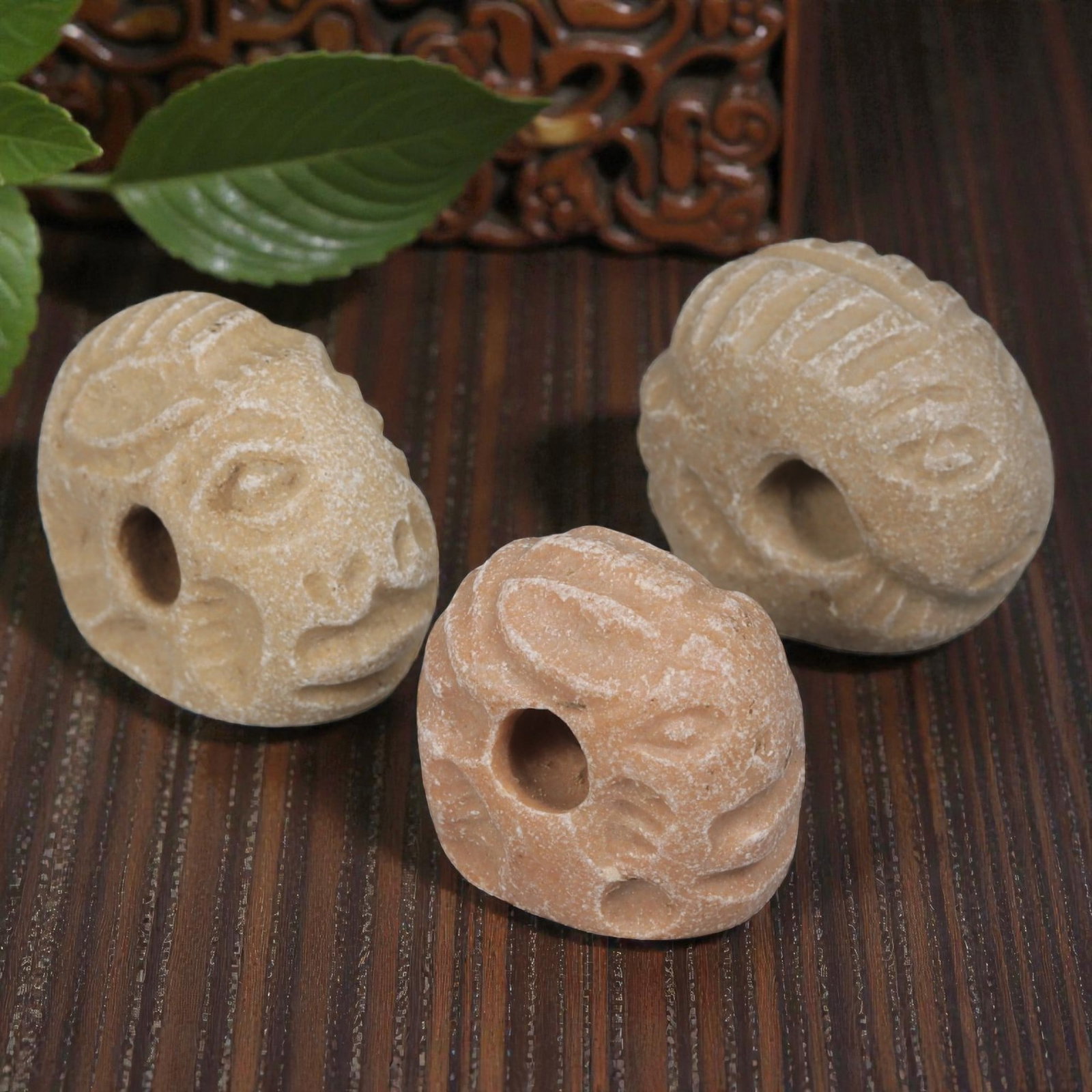 Lot of 3 Sasanian Stone Zoomorphic Stamp Seals, Circa 3rd-7th Century CE, 9AG: Comprising three seals carved from light beige and pale pink stone, with natural surface patina and minor wear consistent with age. Each seal is of rounded, zoomorphic form depicting animal heads, lik