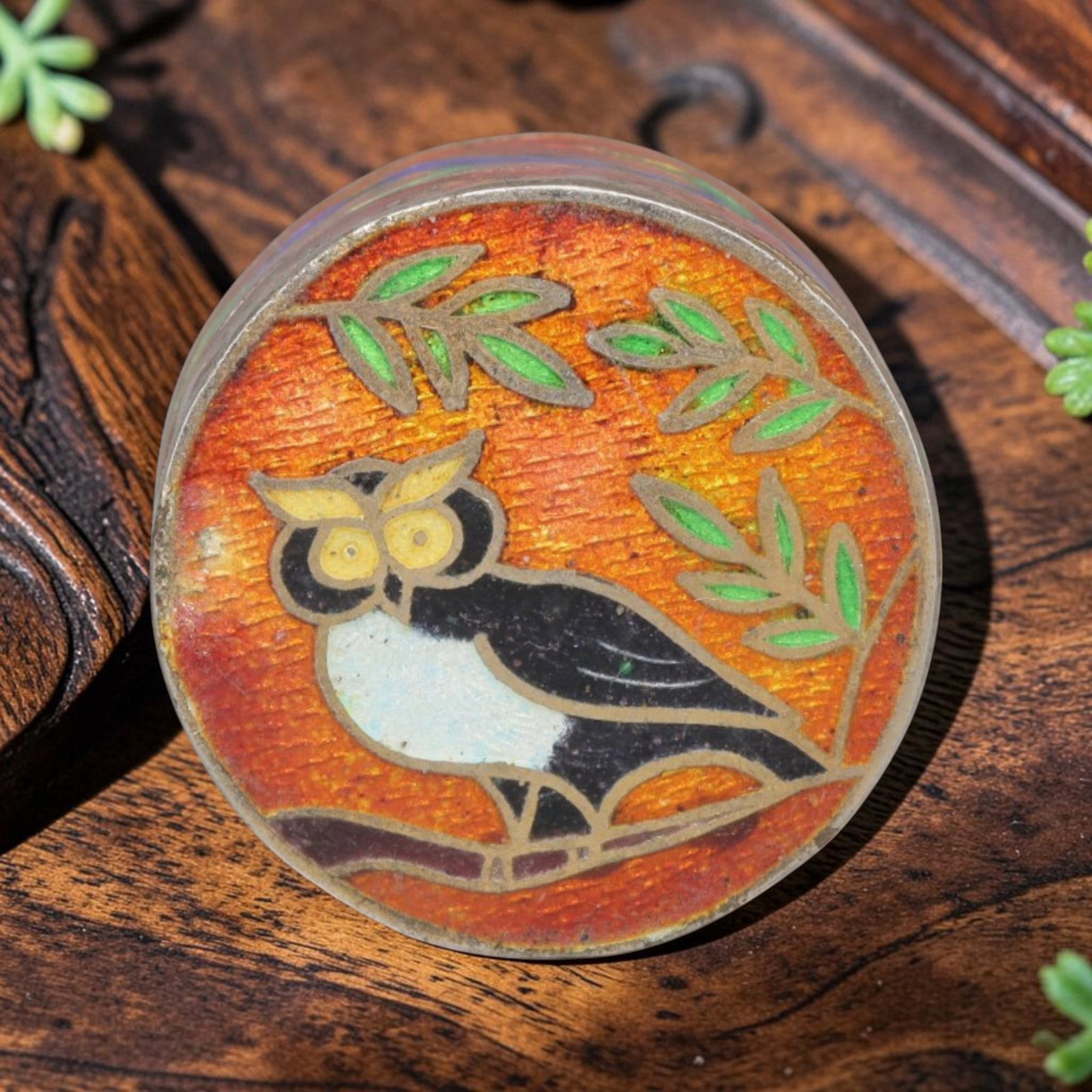 Vintage Chinese Copper Cloisonne Trinket Box - Owl Motif Round Enamel Casket, 3YF: Crafted from a copper base with traditional cloisonne wirework and hand-fired polychrome enamel glazes, this hinged miniature casket features a round form. The lid displays a stylized owl perched on a