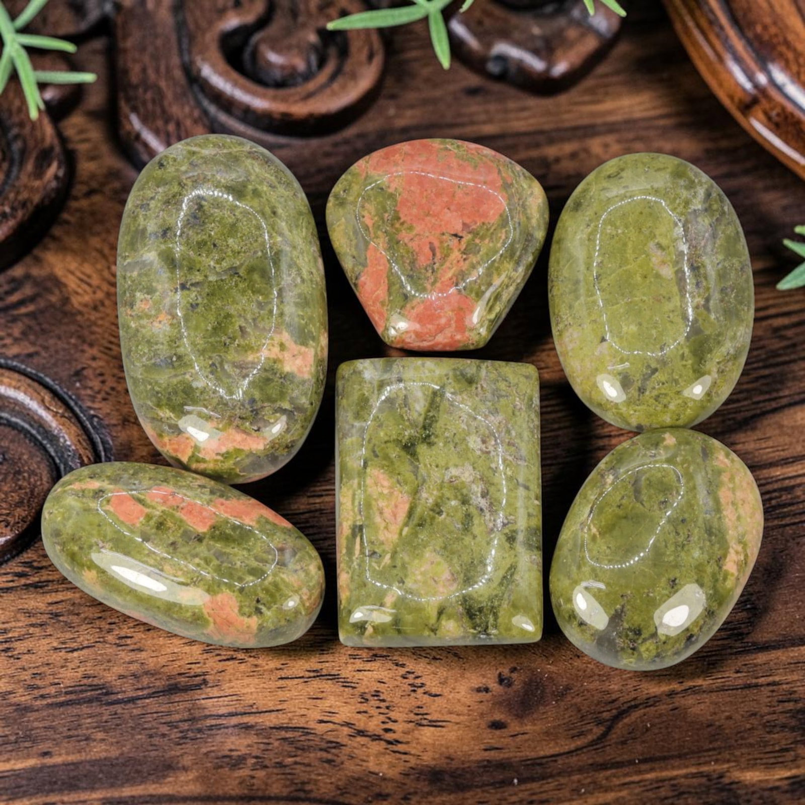 242.72 Carats Natural Unakite Mixed Shape Cabochon Lot, 16WC: Come take a look at this lovely batch of six polished unakite cabochons with one-of-a-kind natural color patterning. These little beauties show that signature unakite blend of muted forest green mixed