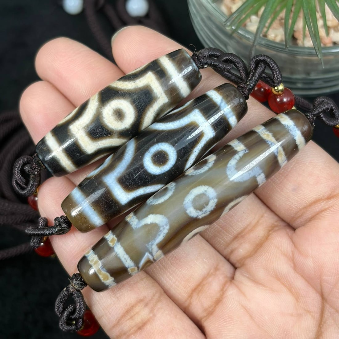 Set of 3 Chinese Agate Dzi Bead - Tibetan Pendant Necklace, 8YJ: This set features three individual agate dzi bead pendants fully assembled as wearable necklaces, each crafted from polished banded agate etched with traditional geometric and circular eye iconography