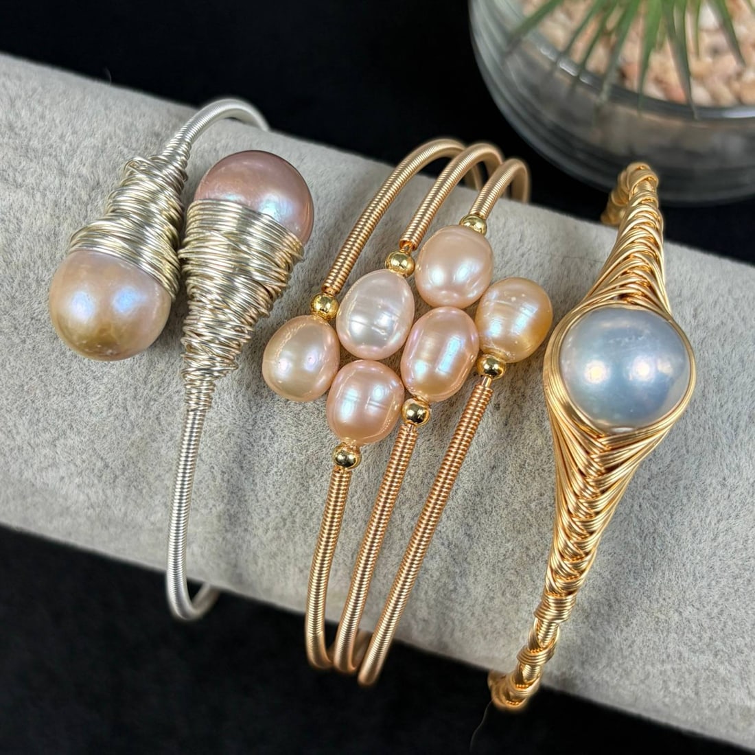 Lot of 3 Natural Champagne Baroque Pearl Silvered & Gold-Toned Wire Wrapped Cuff Bracelets, 18EB: Handmade set of 3 adjustable open cuff bangles crafted with silvered and gold-toned craft wire paired with natural untreated champagne baroque freshwater pearls with soft iridescent luster, each with 