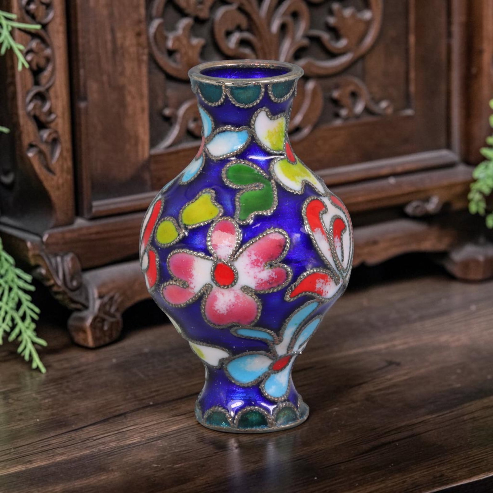 Vintage Chinese Copper Cloisonne Mini Vase - Multicolor Floral Blue Enamel Vessel, 39AR: Crafted from copper base metal with traditional Chinese cloisonne silvered wire filigree and hand-fired polychrome enamel glazes. The miniature bulbous baluster vase features a deep cobalt blue enamel
