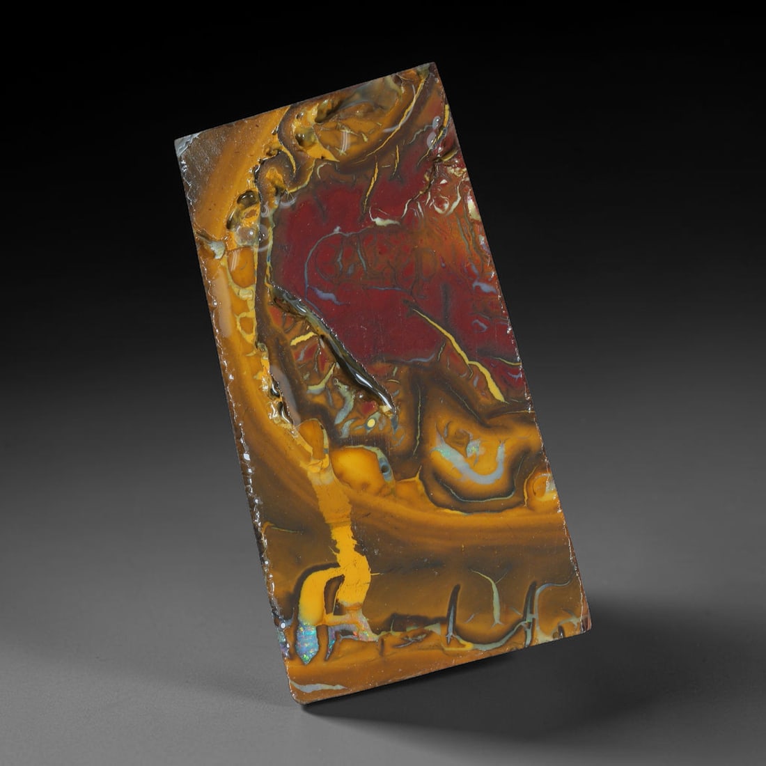 67.53ct Natural Australian Queensland Boulder Opal Sliced Slab Cutting Rough, 98AX: Natural sliced slab rough of Queensland boulder opal cutting grade, featuring rich color ironstone matrix with patterns. The face clearly reveals extensive opal veining and pocket formations running t