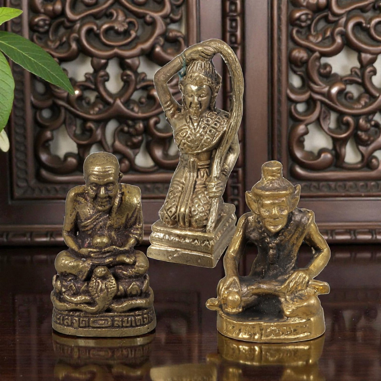 Thai Vintage Copper Alloy Devotional Monk & Deity Figures - 3pcs Set, 88ZB: This set of three devotional figures is crafted from copper alloy, exhibiting a warm aged patina and fine surface wear consistent with vintage Thai folk religious art. The pieces depict distinct devot