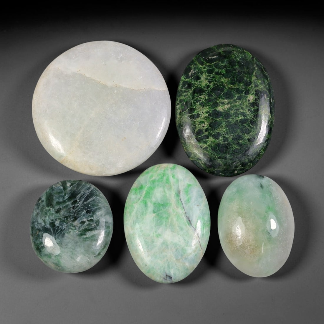5pcs 148ct Natural Burmese Type A Mixed Web Moss Ice Jadeite Jade Cabochons, 76AV: This wholesale bulk set contains 5 fully untreated natural Burmese Type A mixed round and oval jadeite jade cabochons with a total combined weight of 148ct, maximum dimension 31x22mm. The parcel inclu