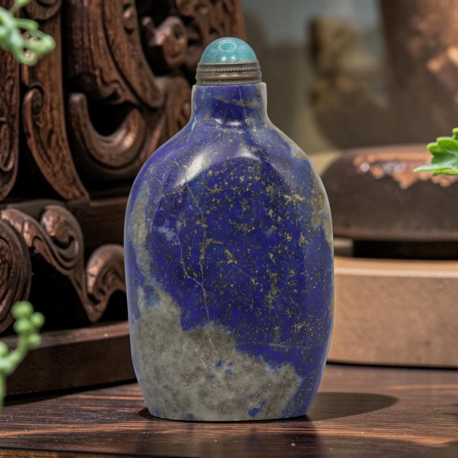 Vintage Chinese Lapis Lazuli Snuff Bottle - Two-Tone Form, 53YF: Crafted from solid lapis lazuli, this vintage Chinese snuff bottle features a smooth, polished two-tone form. The stone exhibits a rich deep blue hue with prominent grey calcite veining and natural py