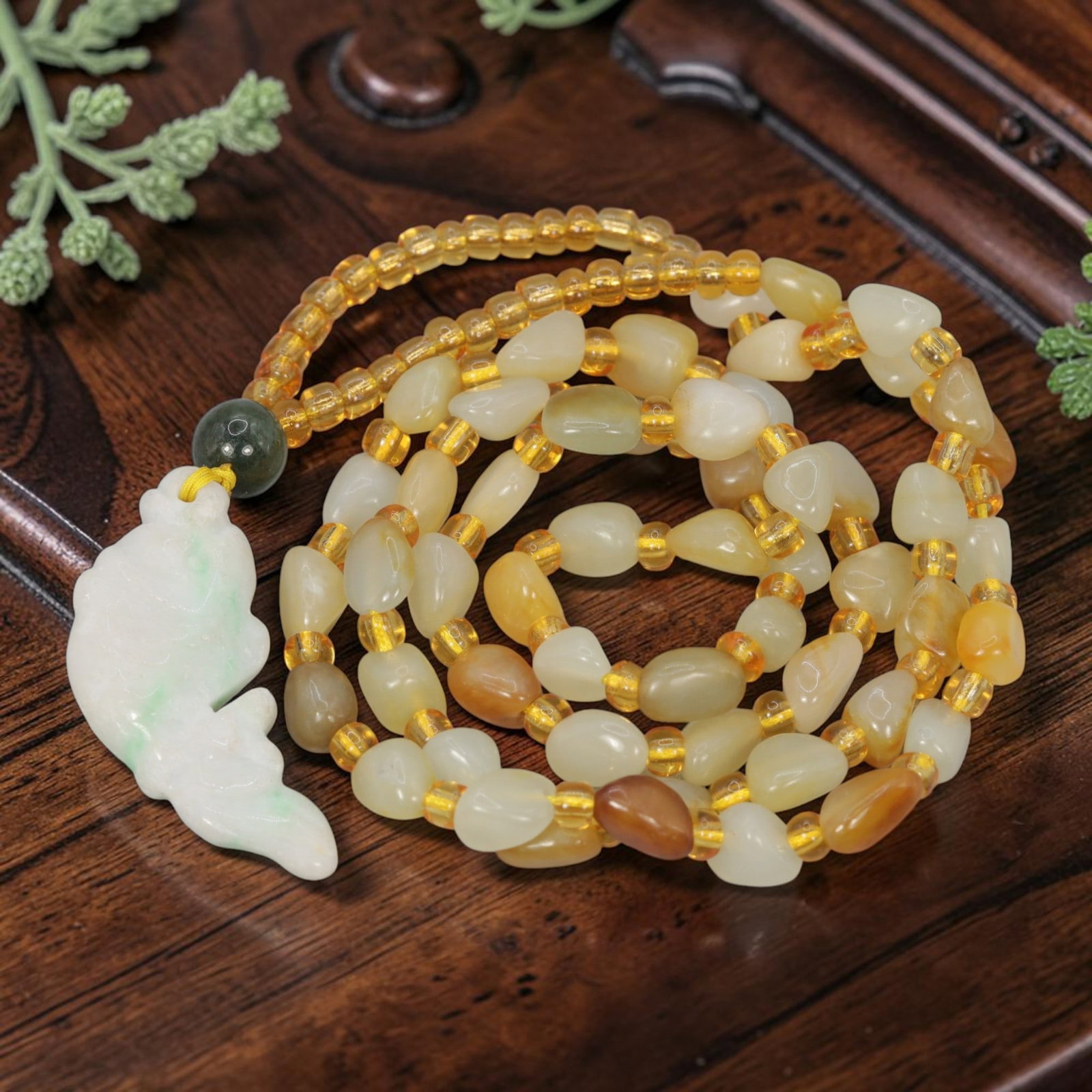 Natural Xinjiang Hetian Jade Necklace - Chinese Jade Fish Pendant, 94YJ: This necklace features a natural jade fish pendant paired with matching Xinjiang Hetian jade pebble beads, accented with translucent yellow spacer beads and a dark green jade accent bead. The pendant 