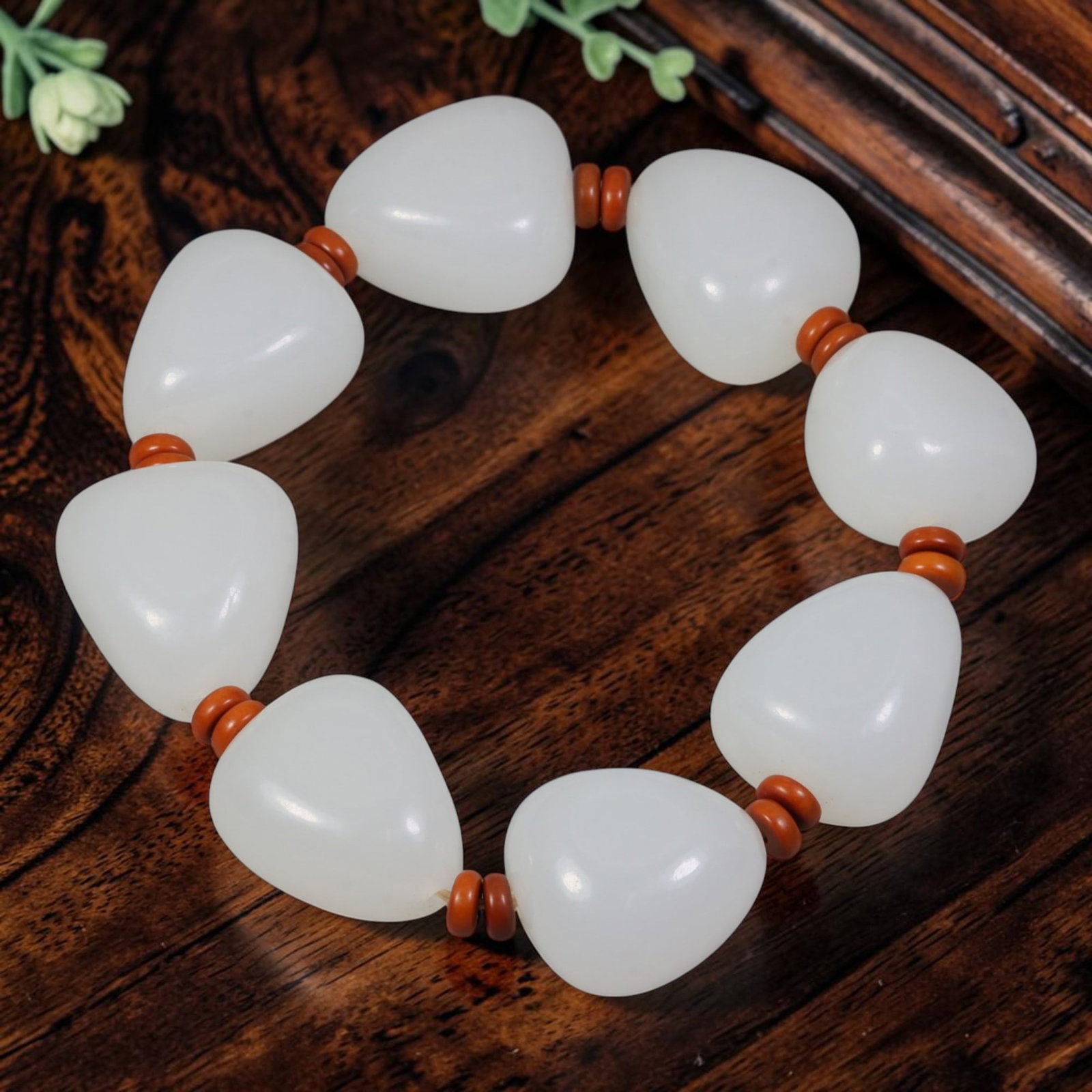 Chinese Hetian Nephrite White Seed Pebble Bracelet - Plain Natural Form, 54YJ: This bracelet is strung from natural, uncarved Hetian nephrite white seed pebble jade stones, each retaining organic river-worn rounded teardrop forms with a uniform soft milky white base tone, free o
