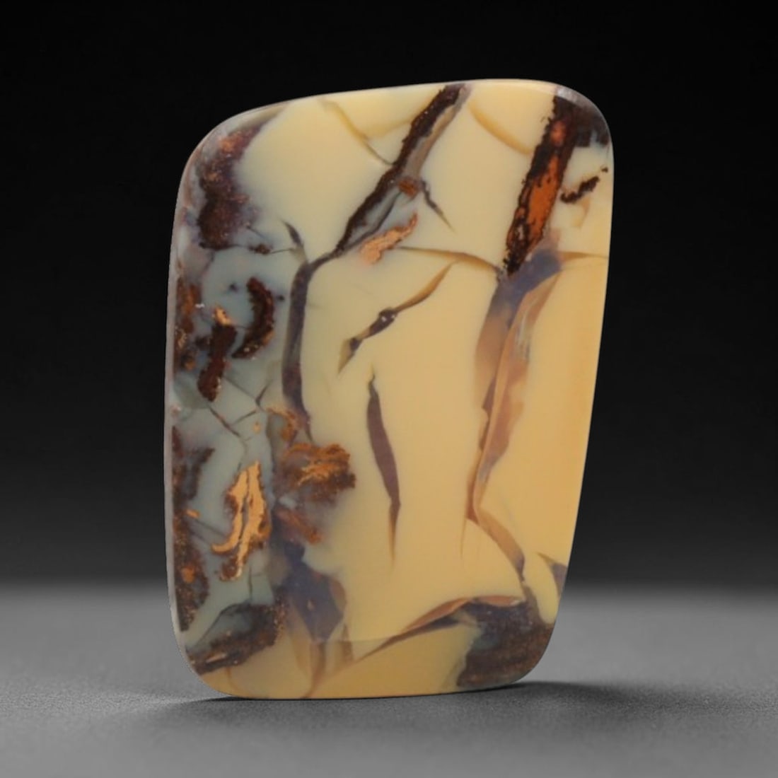 8.75 Carats Neutral Matrix Boulder Opal Cushion Cabochon - Natural Australian Stone, 11XC: This unique boulder opal cabochon, measuring 15.7 x 11.2 x 5.5 mm, presents a stunning painterly composition in neutral tones. Polished into a smooth cushion shape, the stone features a creamy pale ye