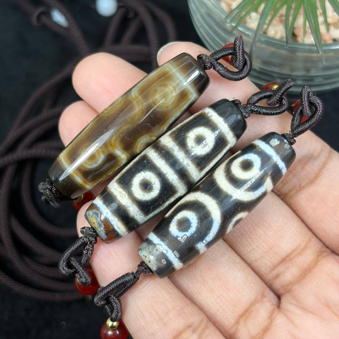 Set of 3 Chinese Agate Dzi Bead - Tibetan Pendant Necklace, 5YJ: This listing contains three individual agate dzi bead pendants completed as wearable necklaces, each crafted from polished banded agate etched with traditional circular eye symbolic patterns rooted in