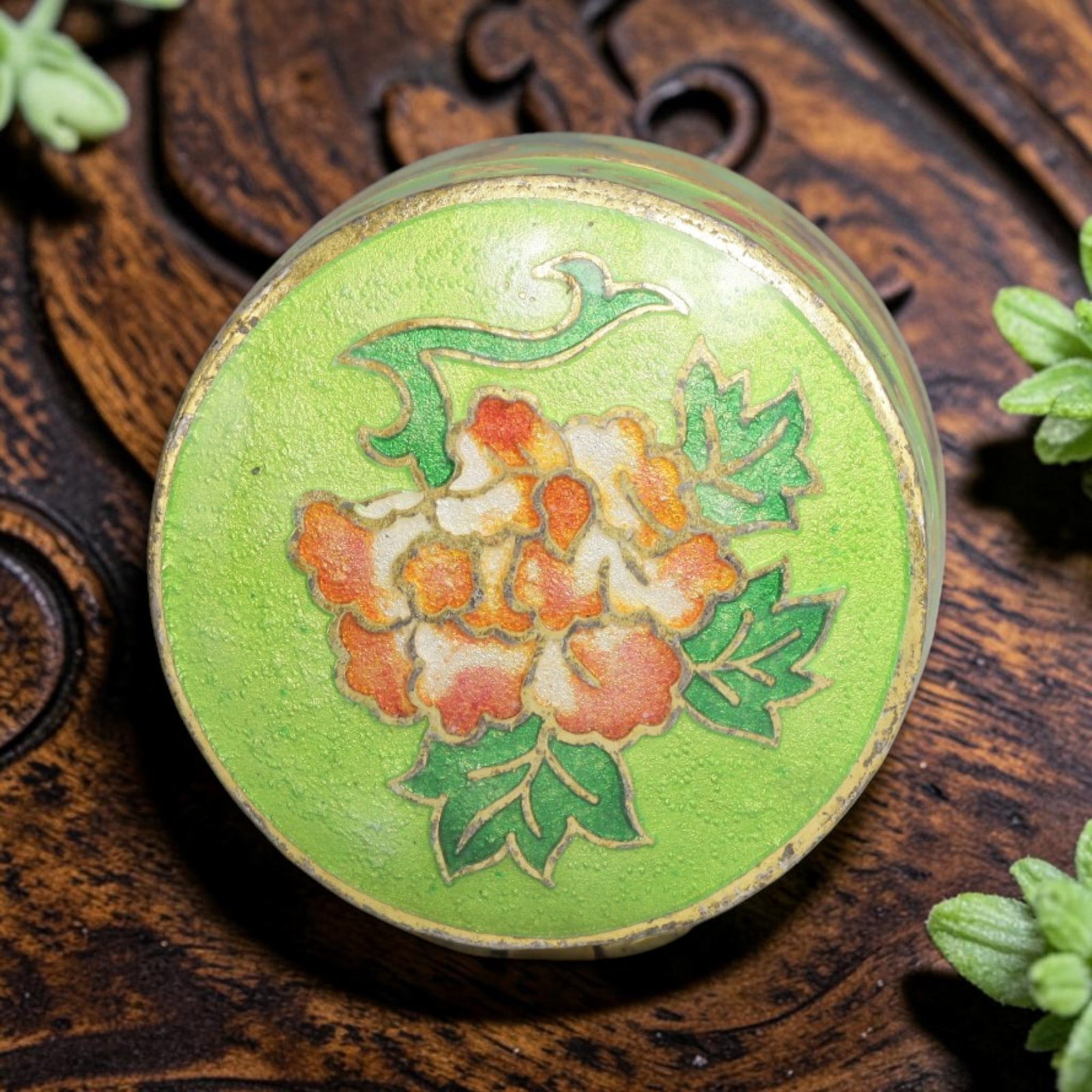 Vintage Chinese Copper Cloisonne Trinket Box - Peony Motif Round Enamel Casket, 2YF: Crafted from a copper base with traditional cloisonne wirework and hand-fired polychrome enamel glazes, this hinged miniature casket features a round form. The lid displays a vibrant peony blossom wit