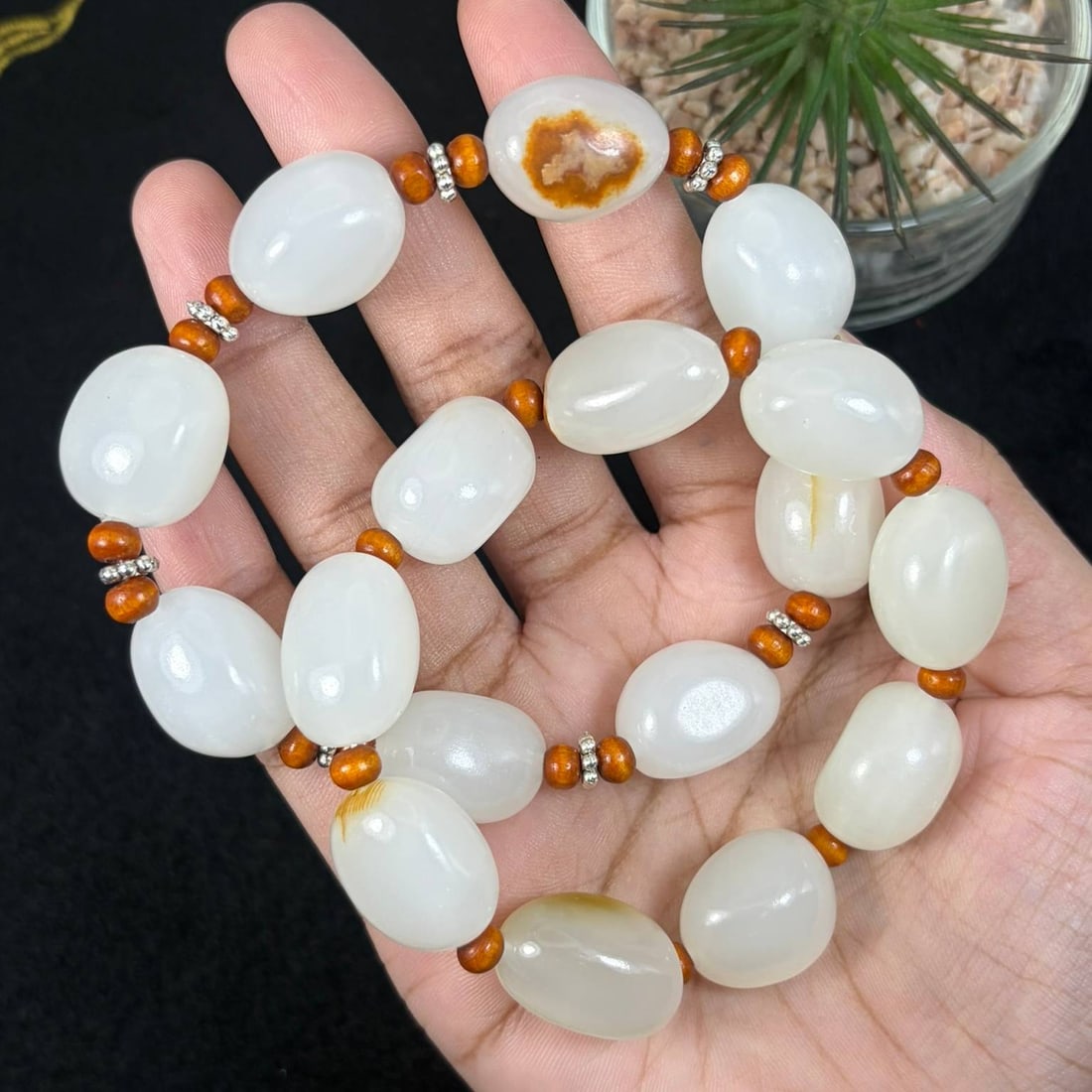 Lot of 2 Natural Chinese White Hetian Nephrite Seed Jade Bracelets, 12AS: Set of 2 hand-strung wearable bracelets crafted from genuine polished white Hetian nephrite river seed jade pebbles, with the maximum bead size measuring 2cm. Each smooth milky white jade pebble featu