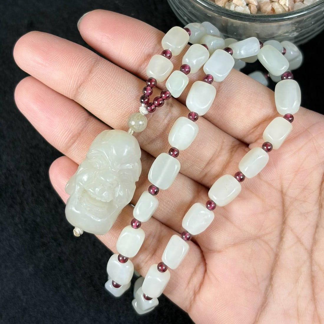 Natural Mutton Fat White Xinjiang Hetian Nephrite Luohan Head Jade Beads Necklace Pendant, 22AT: This full mala necklace strand measures 60 cm in total length, crafted from pure natural mutton fat white Xinjiang Hetian nephrite river seed pebbles with uniform creamy milky white tone, no artificia