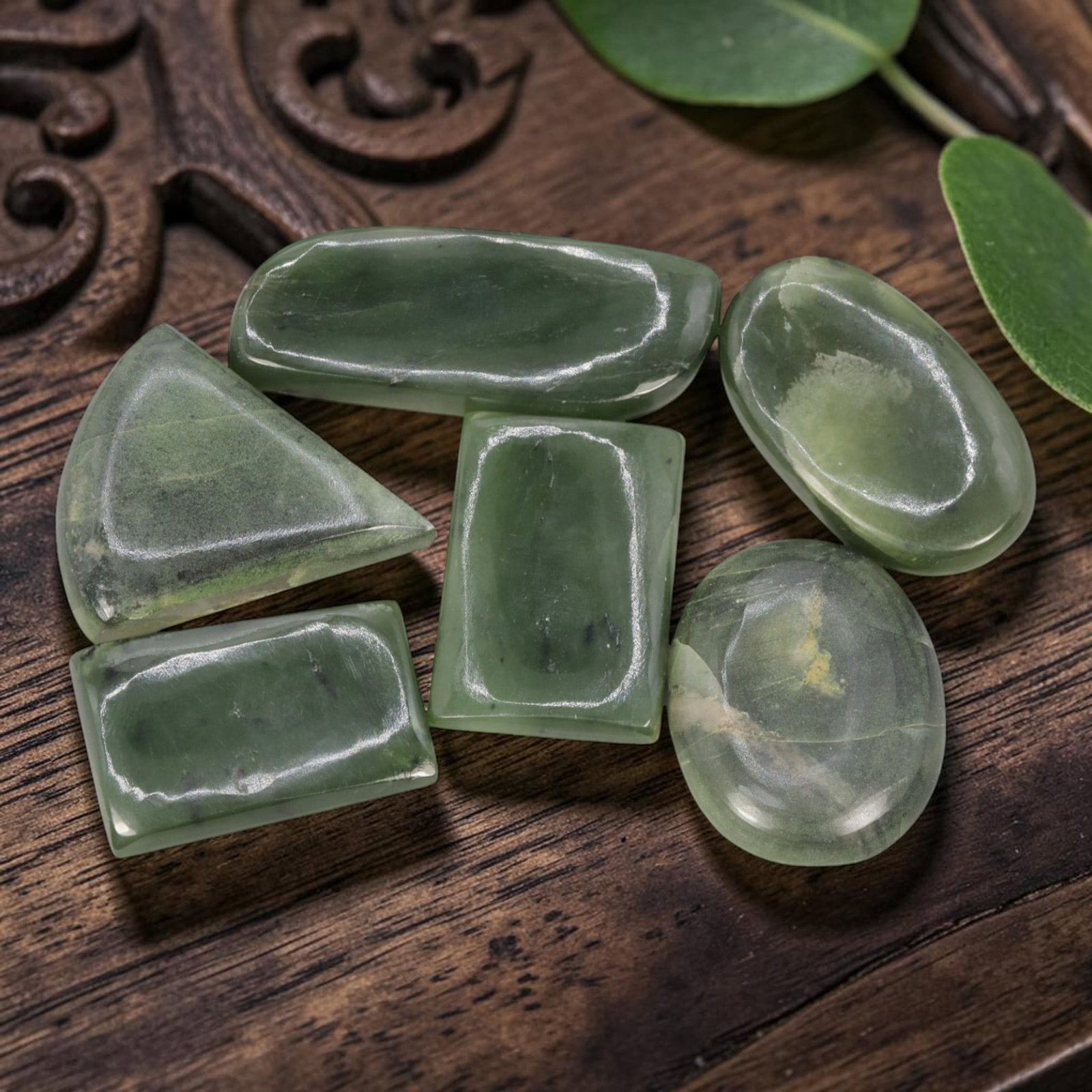 206.57 Carats Natural Nephrite Jade Mixed Shape Cabochon Lot, 41WC: Let me share with you this really nice parcel of six polished nephrite jade cabochons in a fun varied mix of shapes. These stones hold a rich, deep forest green tone with subtle lighter green mottling