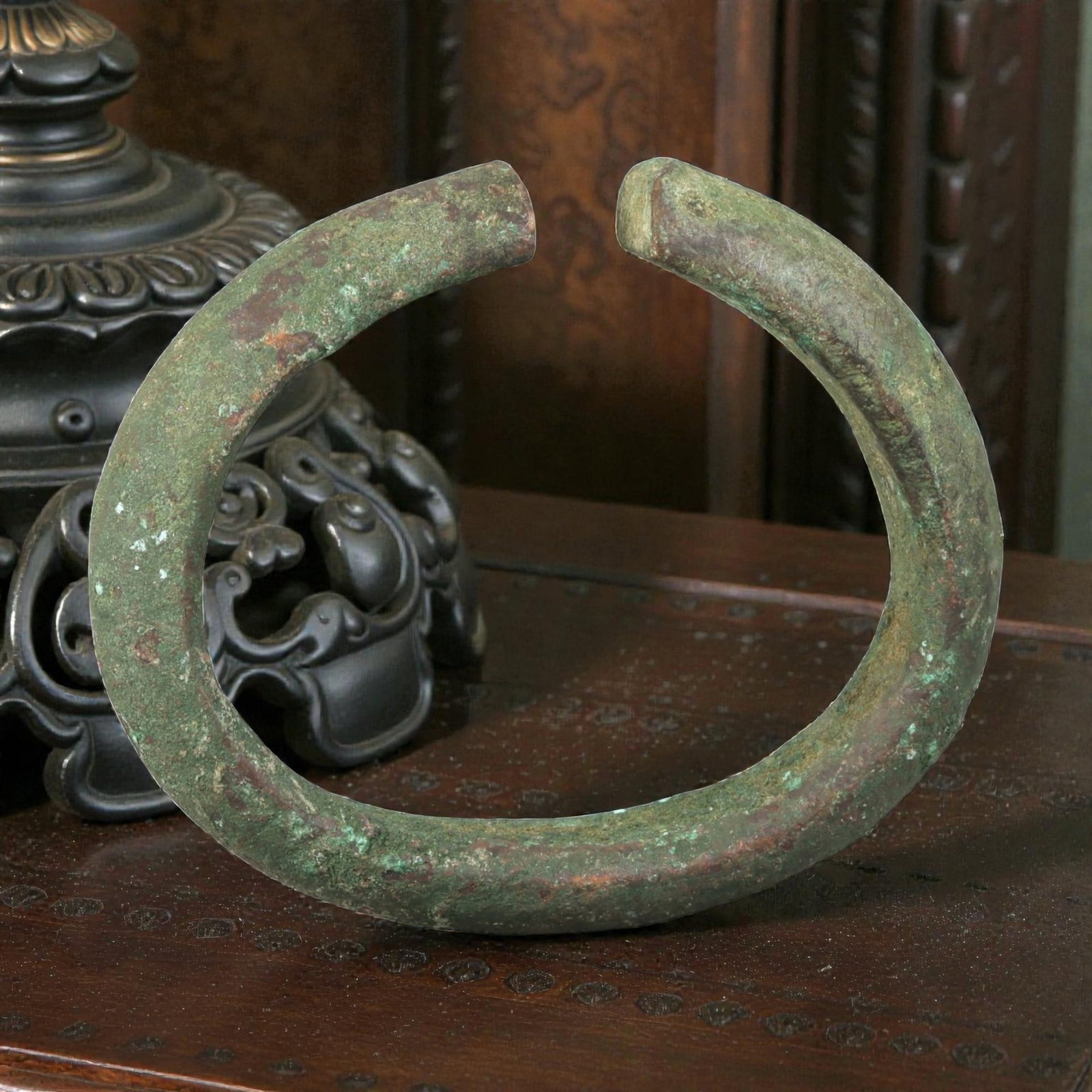 Ancient Bronze Bracelet - Roman Heavy Open Cuff, 31BN: An open-form bracelet crafted from thick, robust cast bronze, with a wide rounded cross-section and simple squared terminals. The sturdy, utilitarian form is characteristic of Roman provincial jewelry