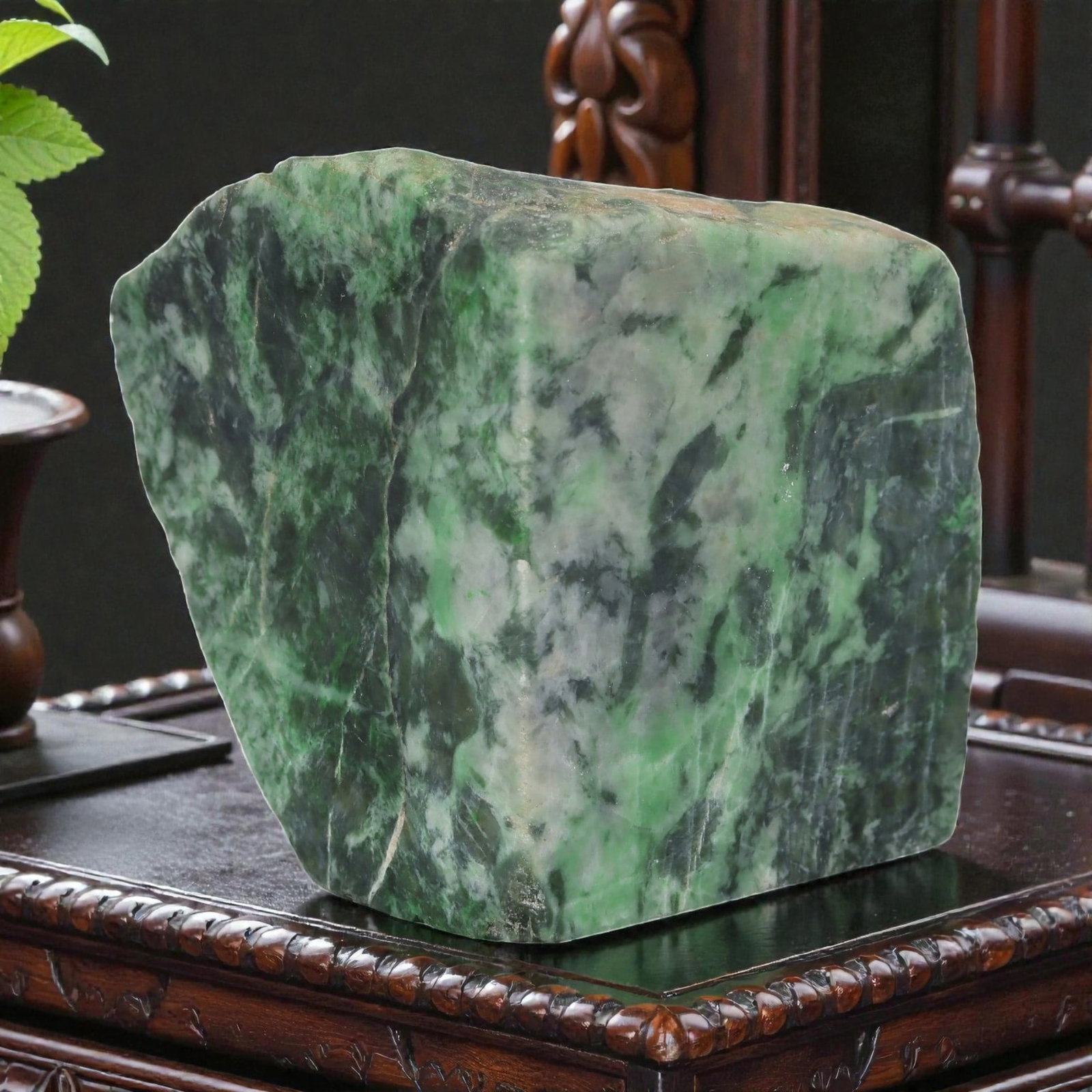 610ct Natural Burmese Moss in Snow Jadeite Jade Rough Block, 84EA: This is a natural Type A Burmese jadeite jade rough block, measuring 4.5x3.7cm and weighing 122g (610ct). It showcases a striking "Moss in Snow" pattern, with rich deep green moss-like inclusions natu
