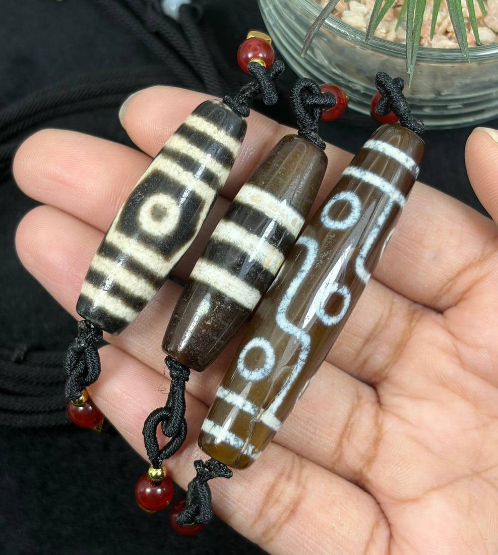 Set of 3 Chinese Agate Dzi Bead - Tibetan Pendant Necklace, 15EB: This set includes three individual agate dzi bead pendants finished as complete necklaces, each crafted from polished banded agate adorned with traditional etched symbolic eye and stripe motifs rooted