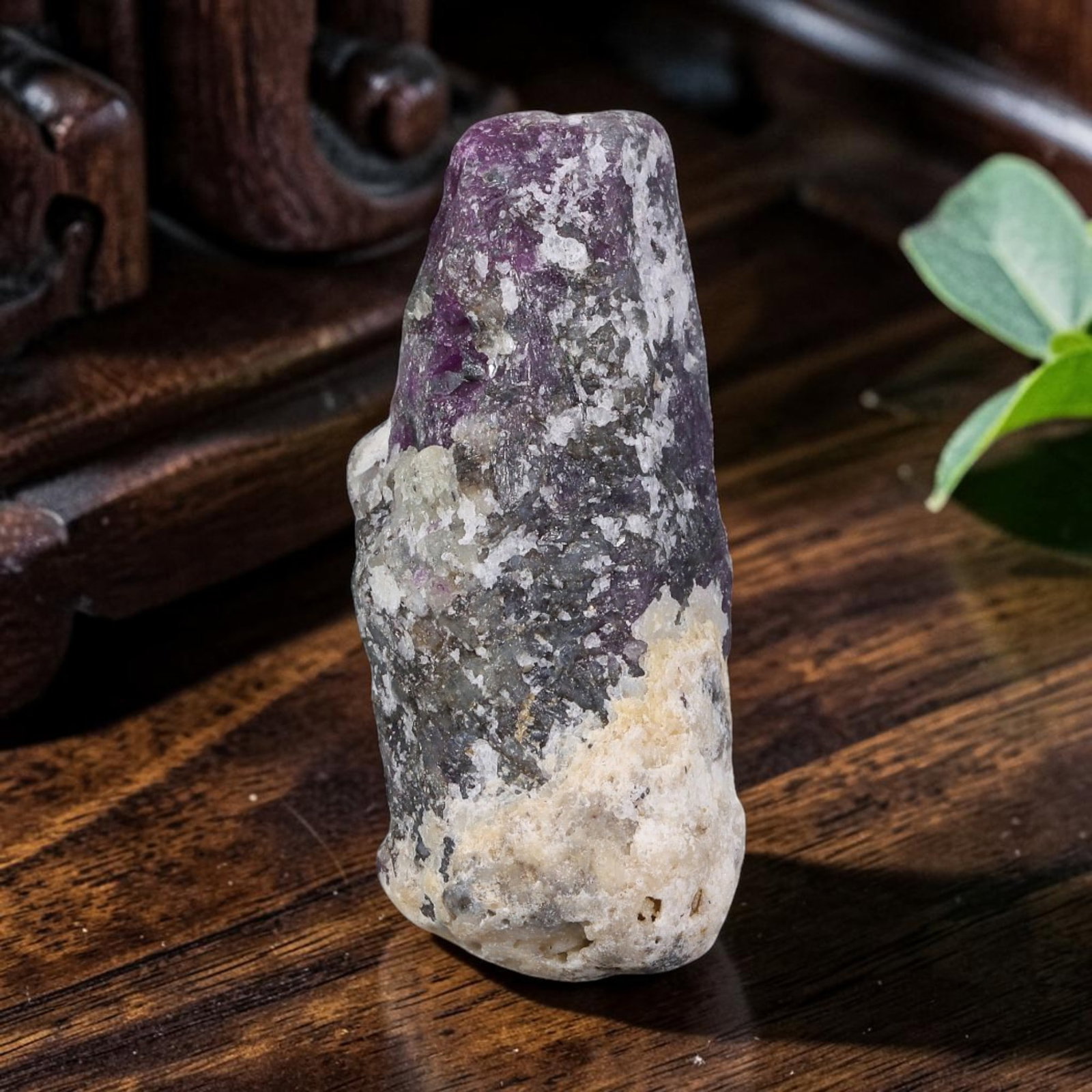 32.88ct Natural Mauritania Ruby Rough (Unheated), 53AT: Natural unheated corundum rough mined from Mauritanian gem deposits, featuring an elongated tapered crystalline form with concentrated magenta-pink ruby corundum occupying the upper tapered section, t