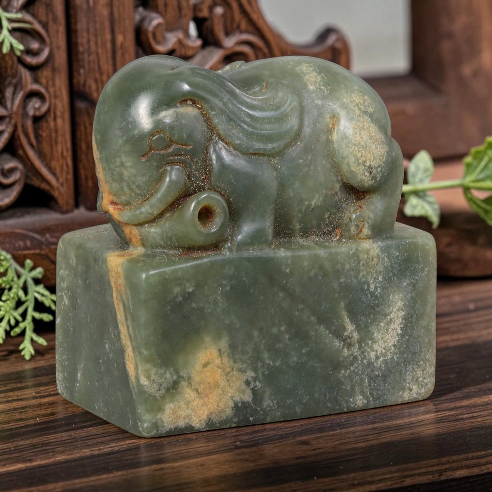 Vintage Green Nephrite Jade Seal - Chinese Elephant Carving Stamp, 76AS: Carved from solid green nephrite jade, this rectangular desk seal features handworked detailing across the elephant finial and stamp face. The elephant sculpture showcases flowing folded ear forms, cu