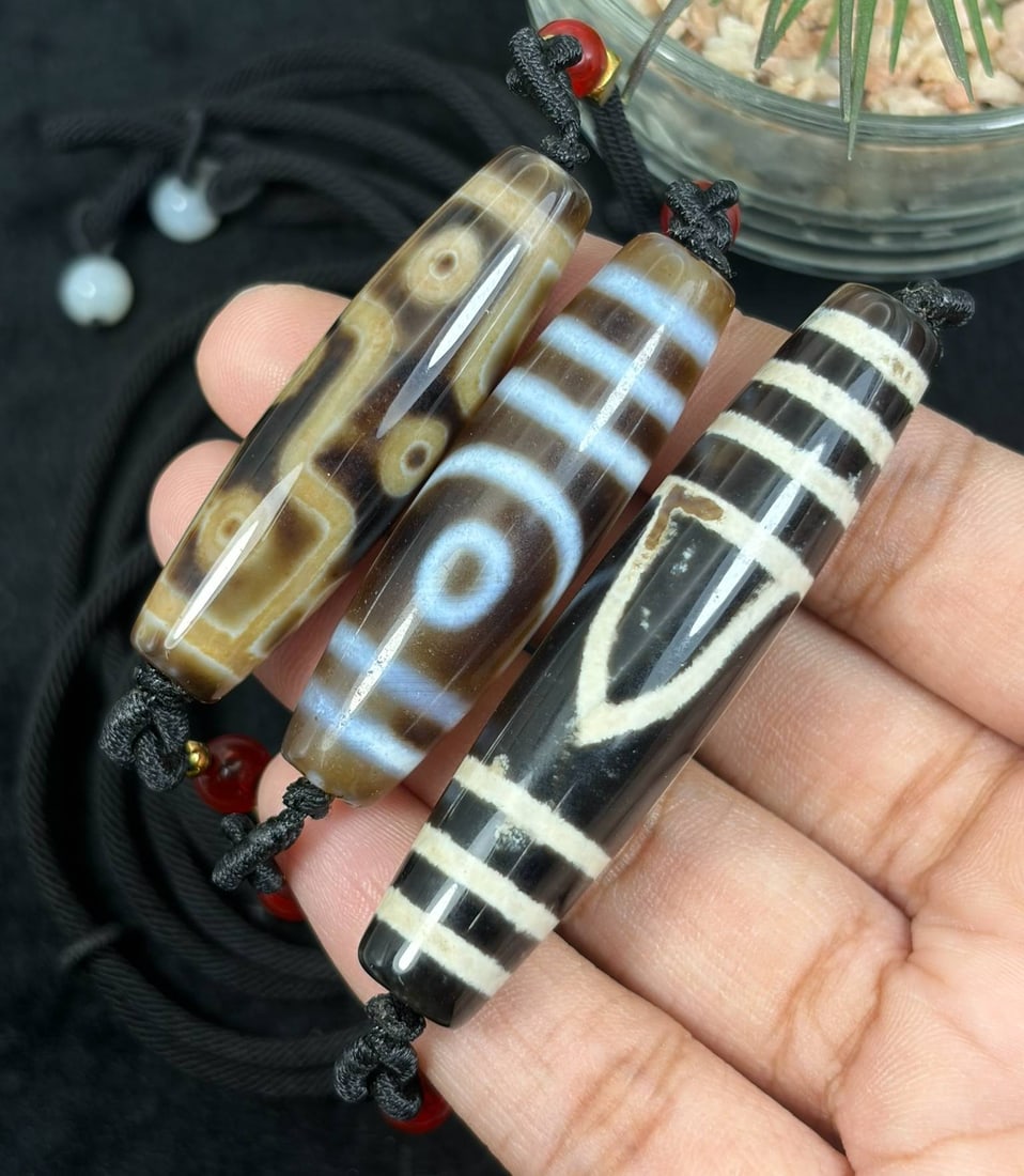 Set of 3 Chinese Agate Dzi Bead - Tibetan Pendant Necklace, 28EB: This set contains three individually strung agate dzi bead pendants, each crafted from banded agate with traditional etched symbolic patterns characteristic of Tibetan dzi bead craft. Each cylindrical