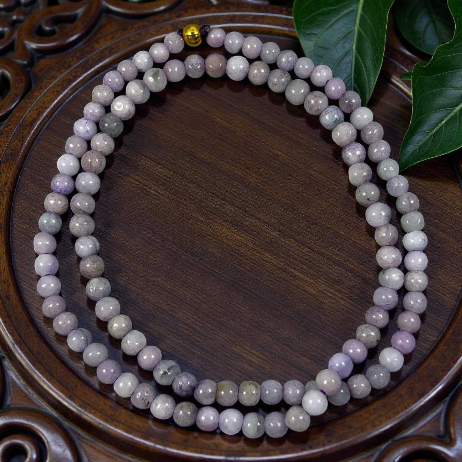 Natural Burmese Lavender Type A Jadeite Jade Bead Necklace, 41YG: A continuous strand of uniformly spherical polished Type A jadeite beads displaying muted lavender mixed with pale off-white natural tones, featuring scattered internal mineral flecks, subtle veining 